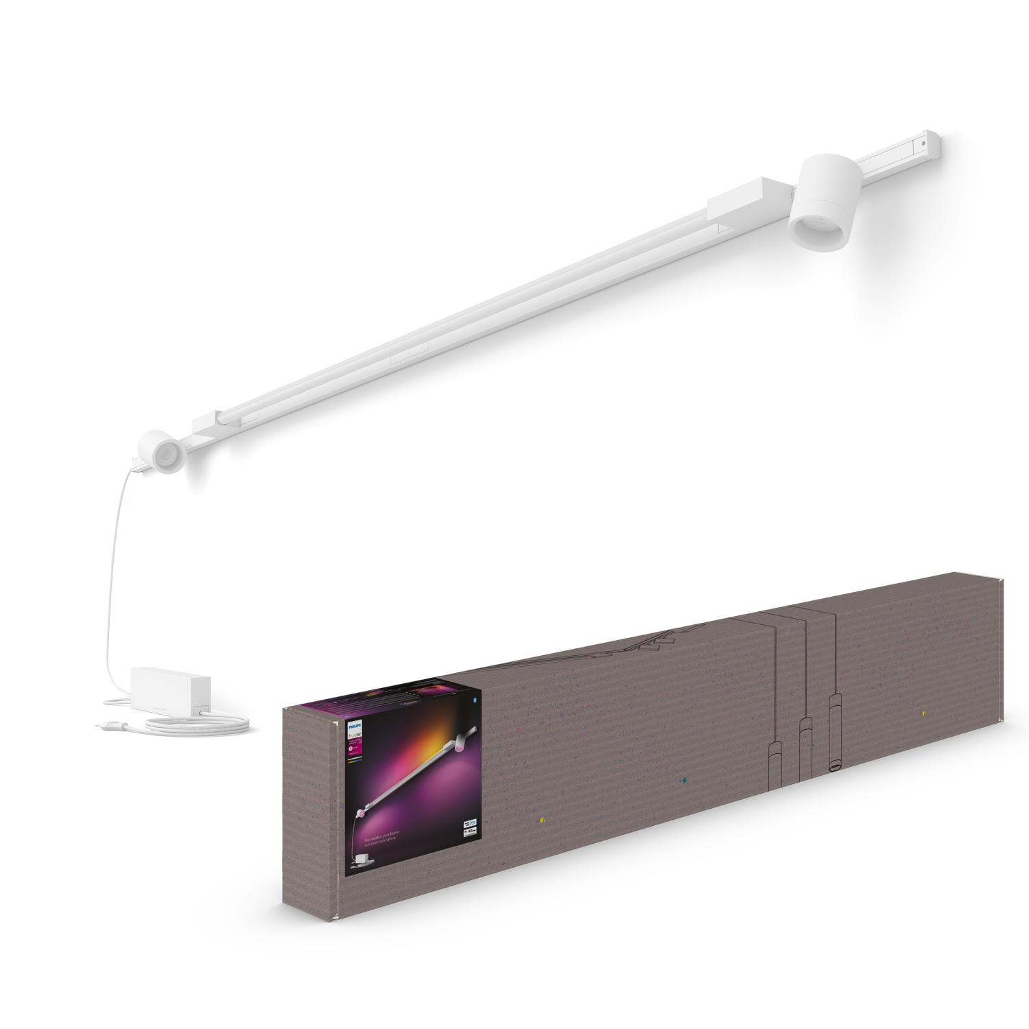 Iluminación de riel blanca con cable de alimentación y caja de accesorios de iluminación.