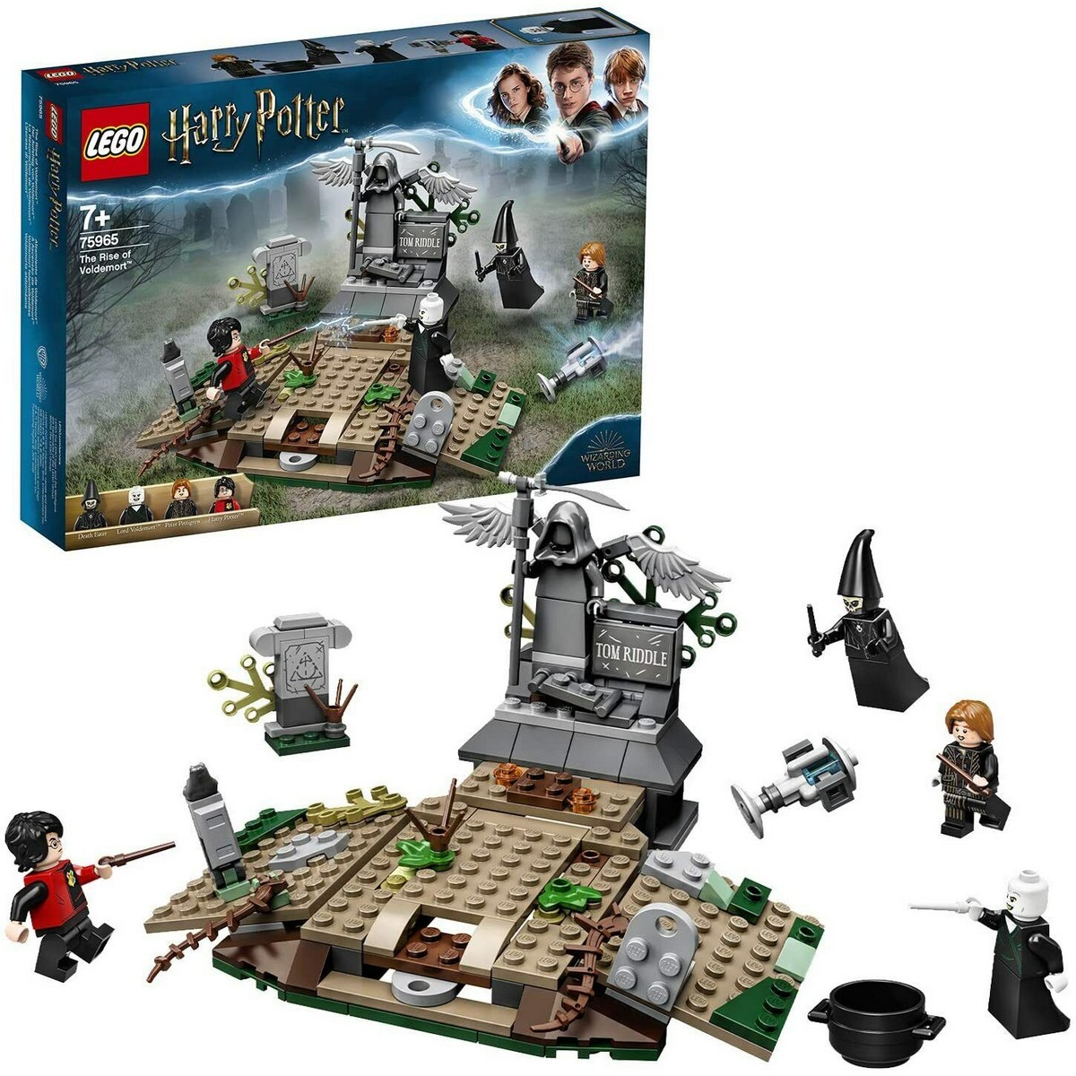 Zestaw Lego Harry Potter. Zawiera figurki Harry'ego Pottera i Voldemorta, z ustawieniem cmentarza. Pudełko na górze.