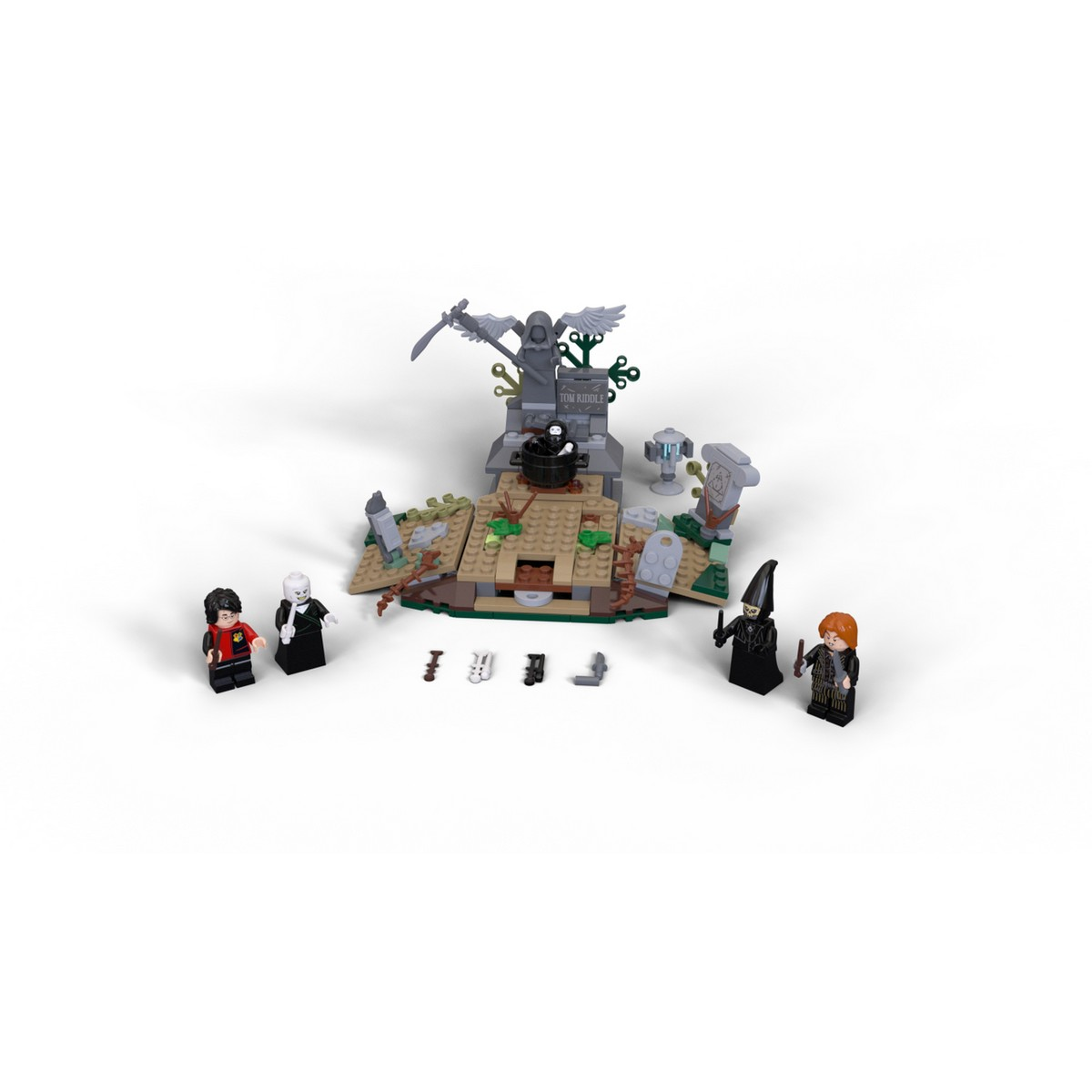 Zestaw Lego Harry Potter ze sceną cmentarza i figurkami Harry'ego i Voldemorta.