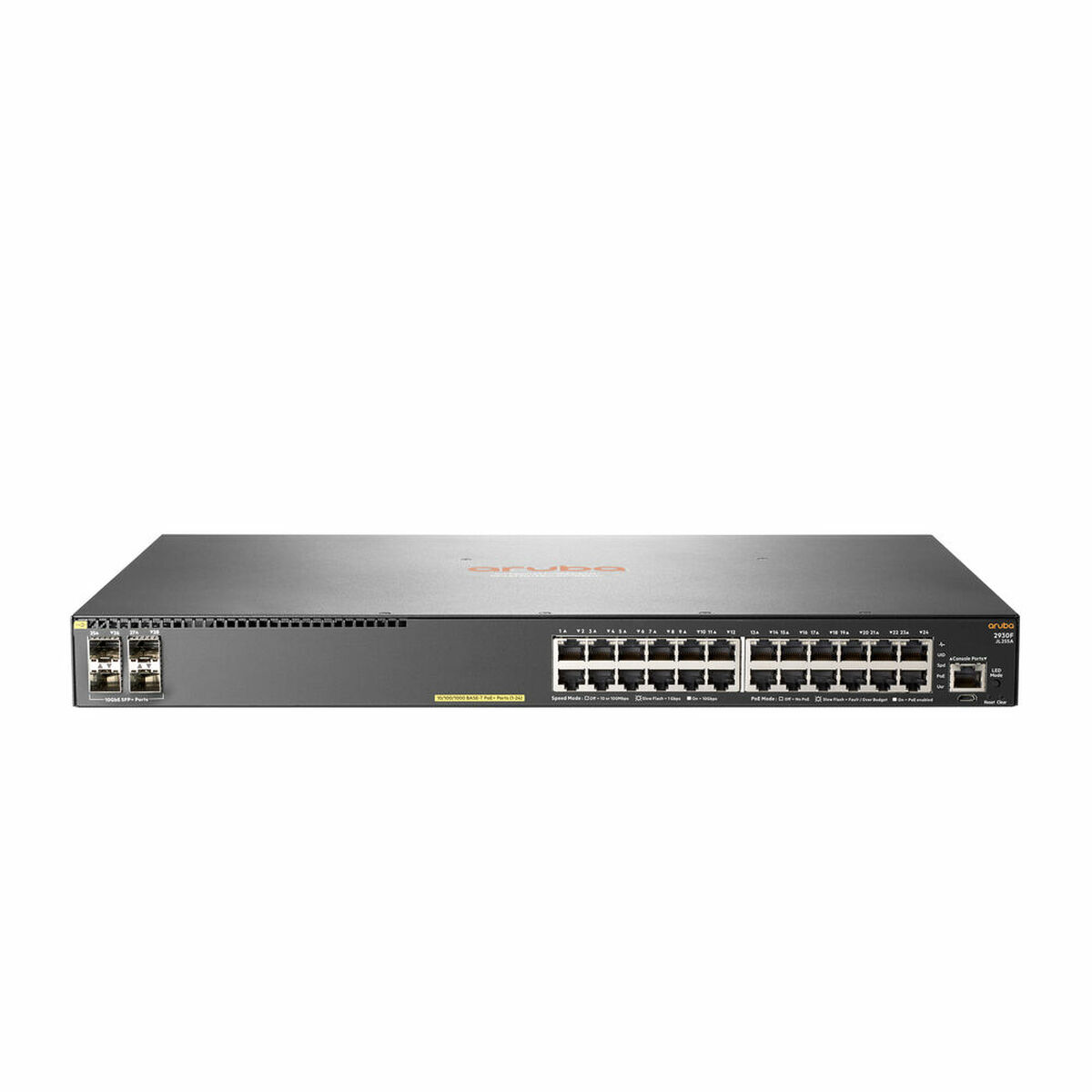 Ein schwarzer Aruba-Netzwerk-Switch mit vielen Anschlüssen. Es ist auf weißem Hintergrund.