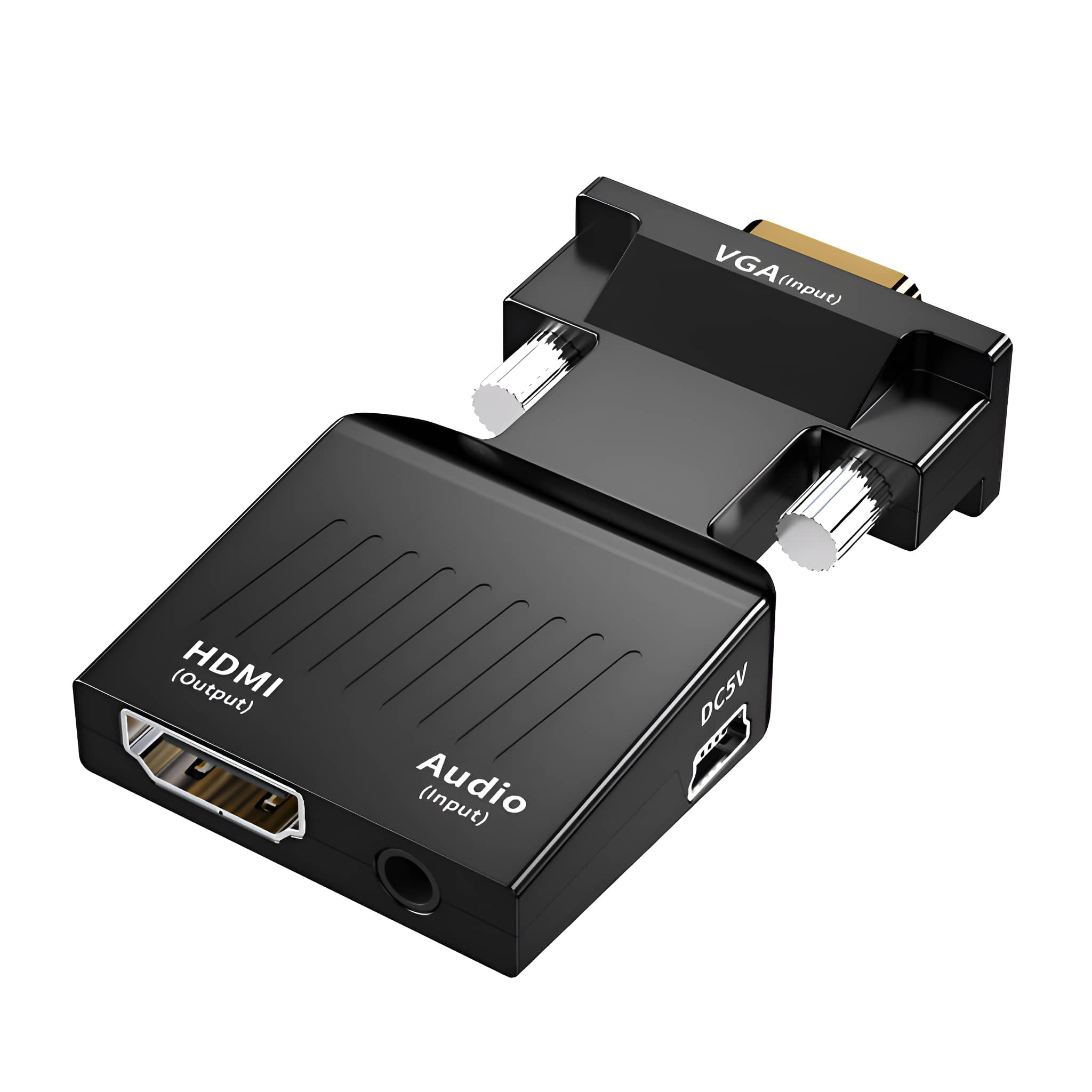 Schwarzer HDMI-zu-VGA-Adapter. Zeigt Anschlüsse für HDMI-Eingang, Audio und VGA-Ausgang.