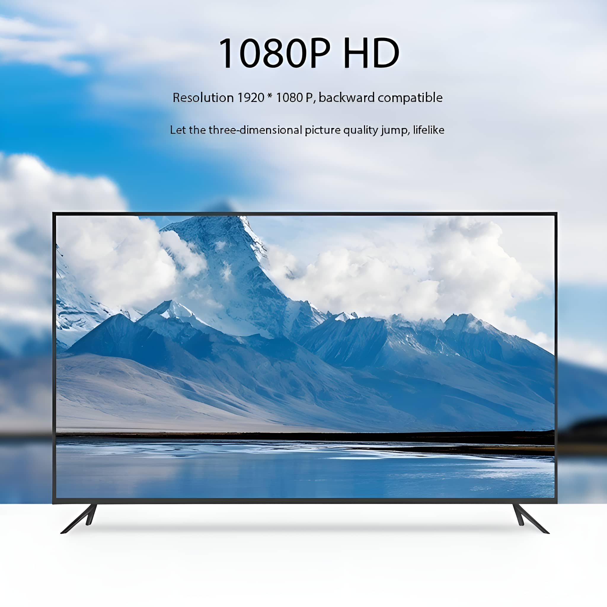 Ein Breitbildfernseher zeigt eine Berglandschaft. Der Text oben lautet 1080P HD.