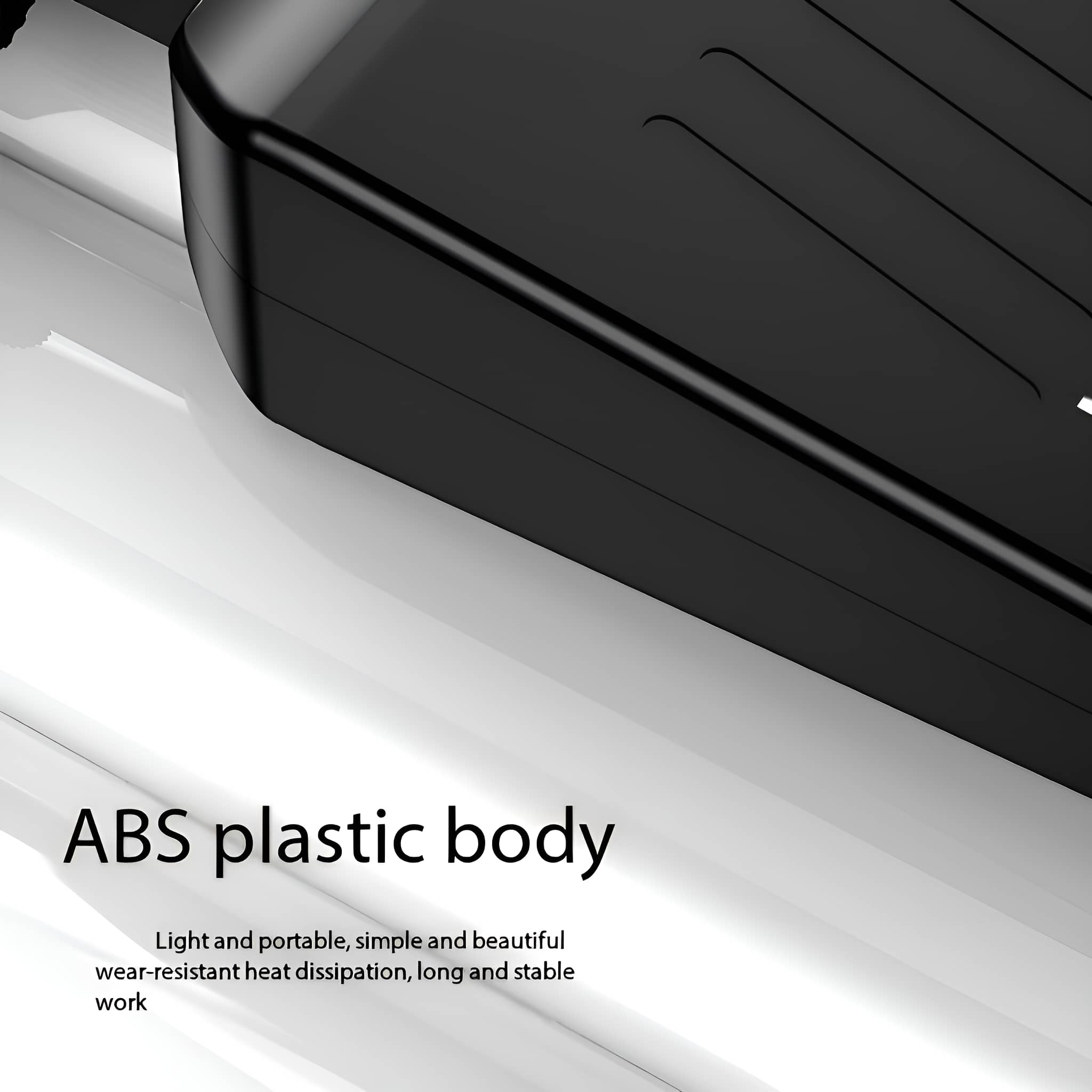Nahaufnahme eines schwarzen Kunststoffprodukts mit Text 'ABS-Kunststoffkörper' und Details.