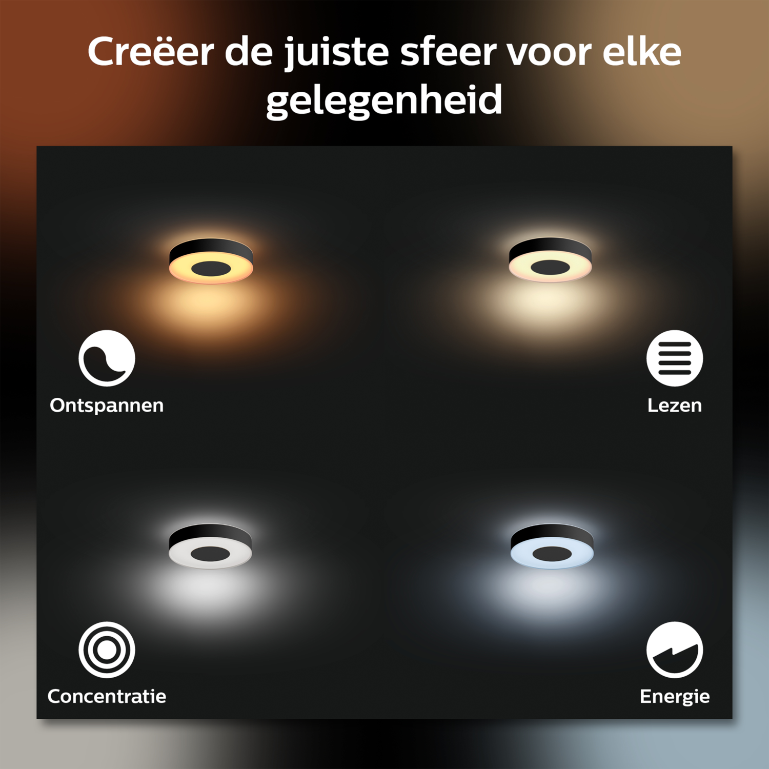 Cztery lampy sufitowe, każda oświetlona różnymi temperaturami barwowymi, ciemne tło.