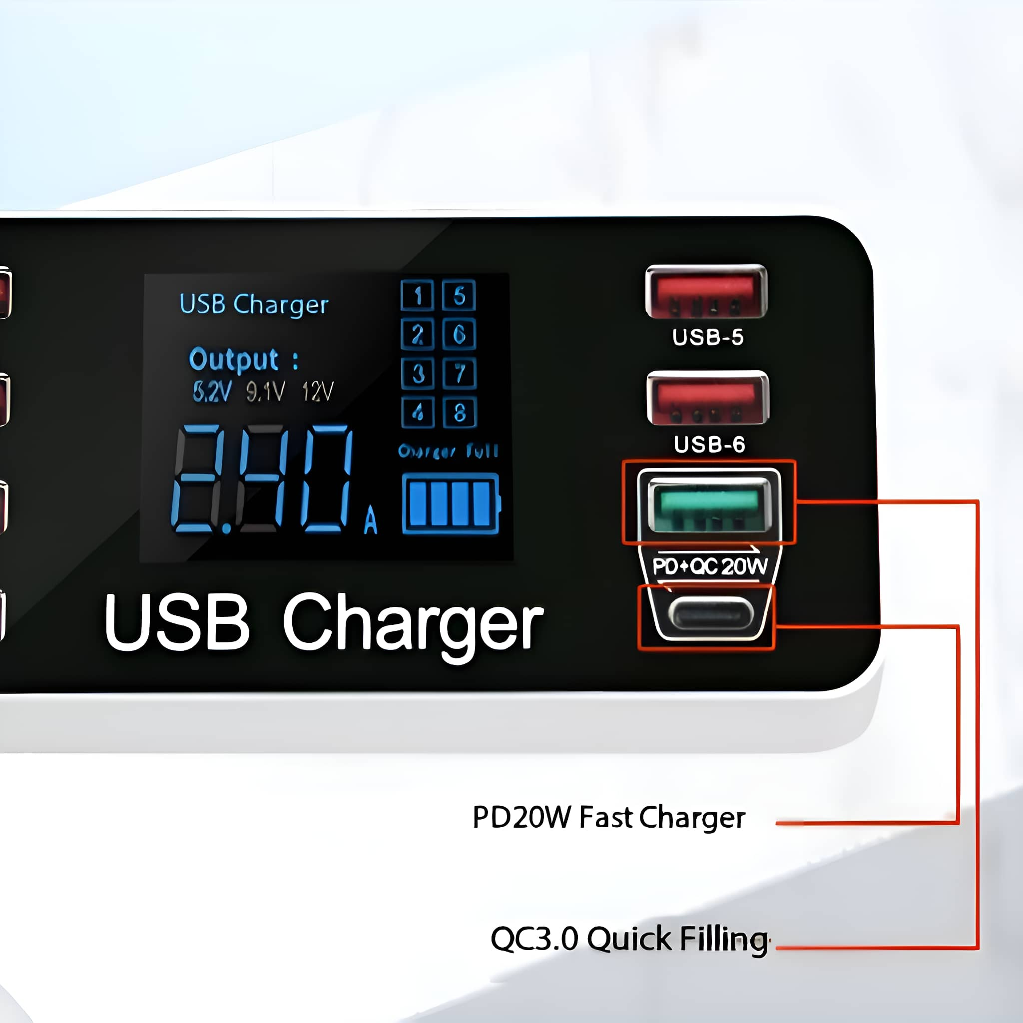 Ein USB-Ladegerät mit digitaler Anzeige und mehreren Anschlüssen.