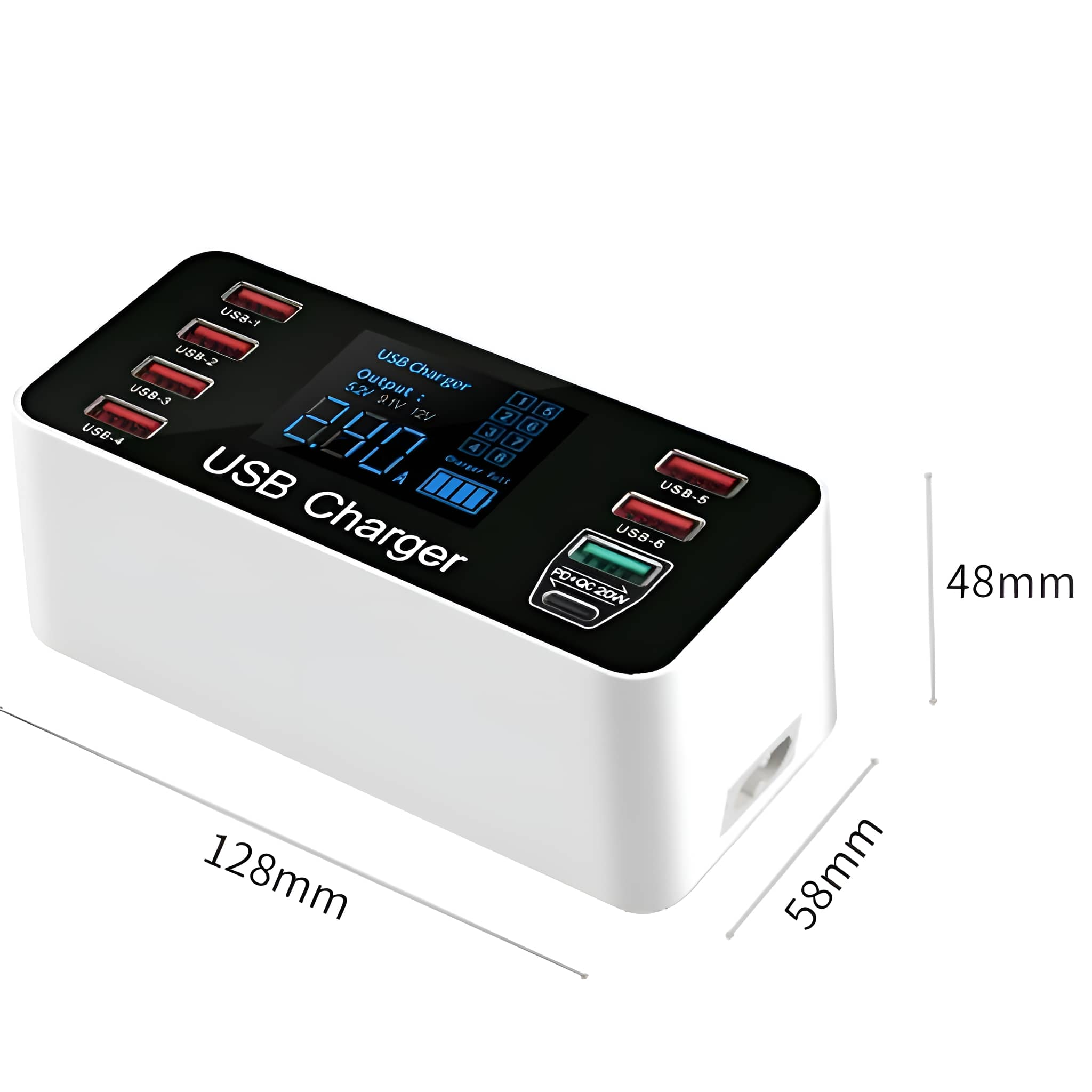 Ein weißes USB-Ladegerät mit mehreren Anschlüssen, Display und beschrifteten Abmessungen.