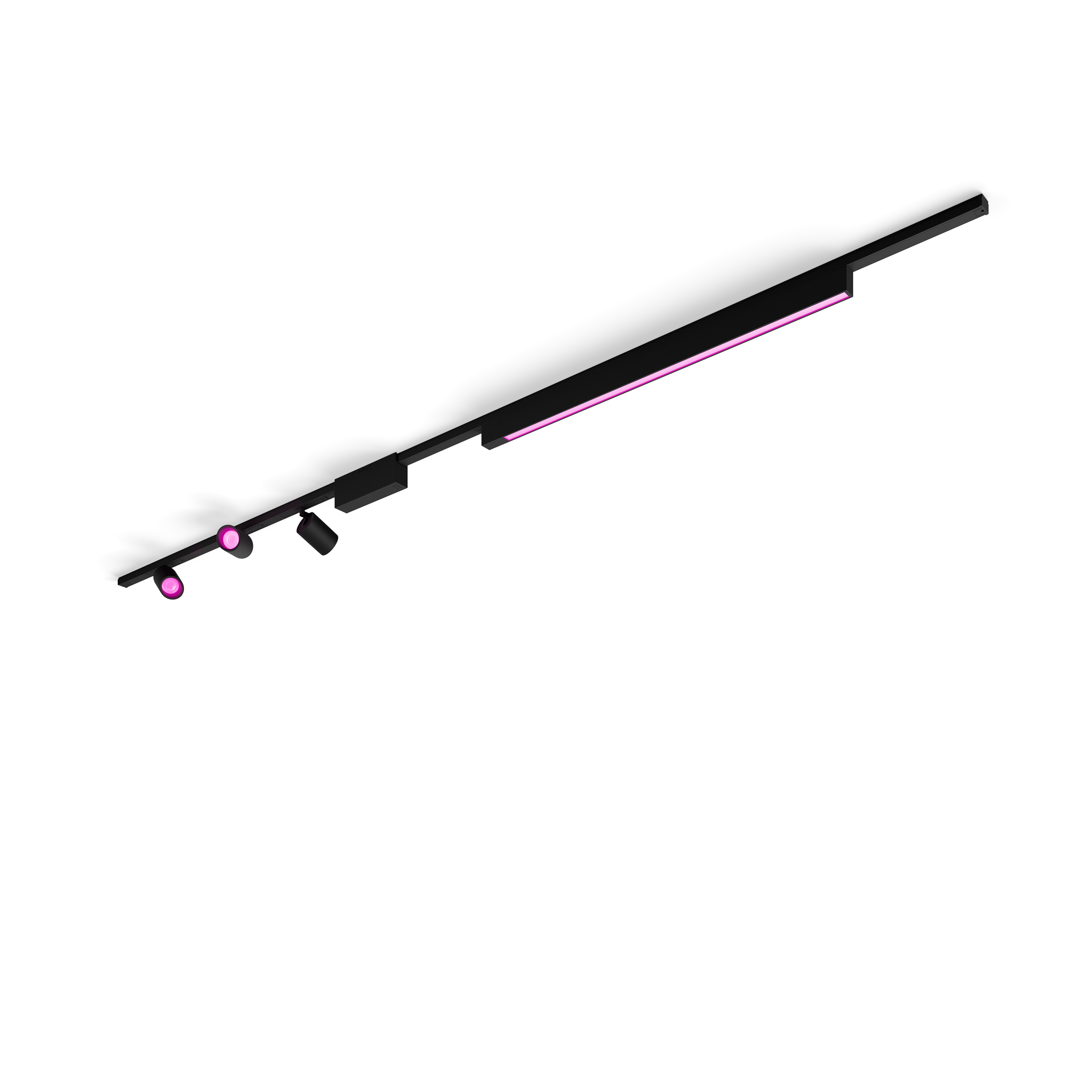 Czarna lampa sufitowa z trzema małymi reflektorami i różową diodą LED.