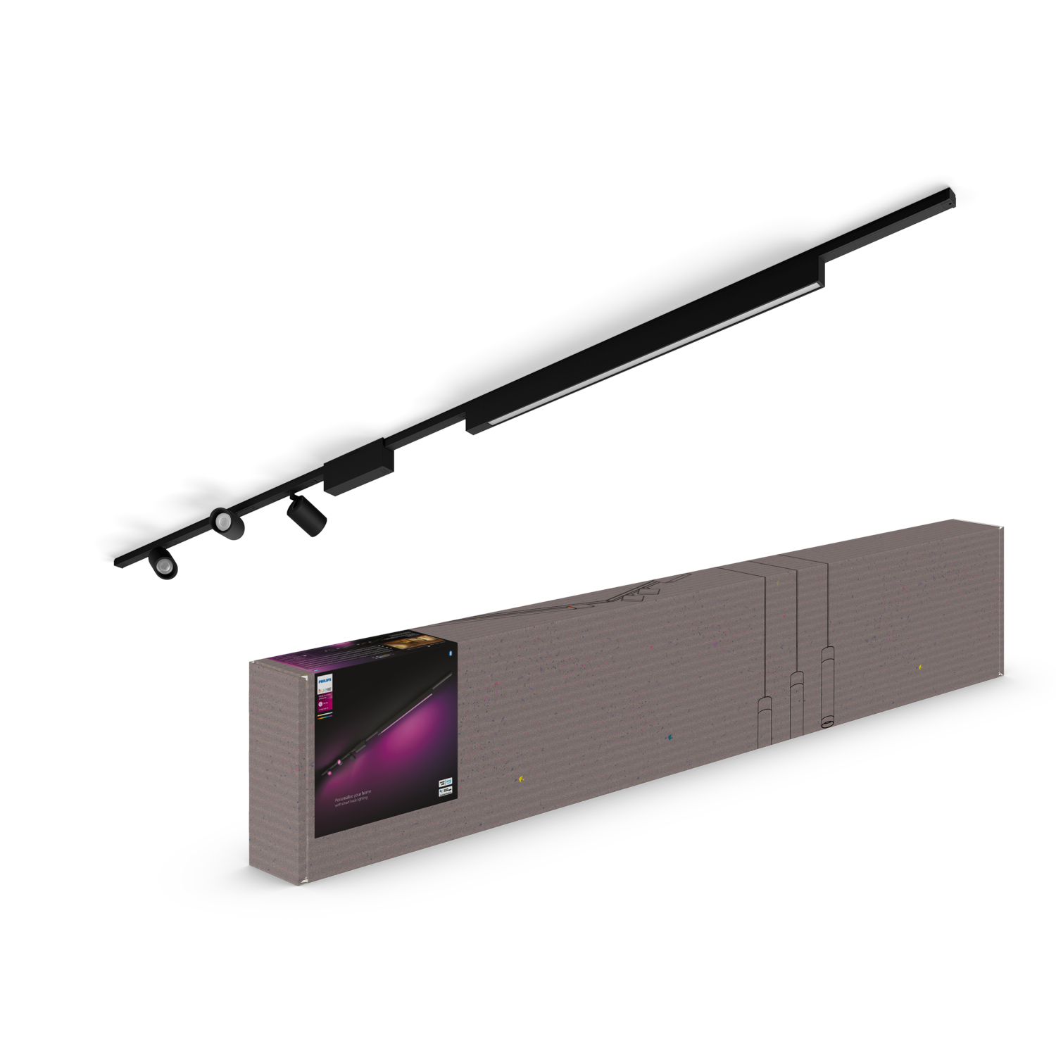 Czarny system oświetlenia szynowego z trzema reflektorami i listwą świetlną, obok brązowego pudełka.
