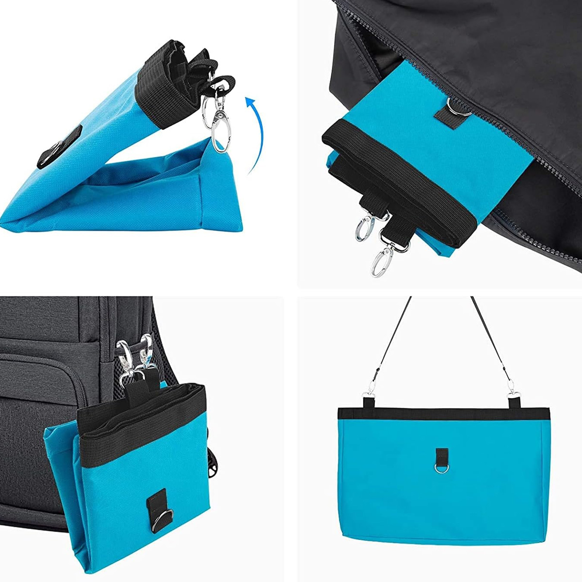 Blaue Hundeleckerli-Tasche mit mehreren Ansichten. Zeigt die Tasche an einem Rucksack und mit einem Riemen befestigt.