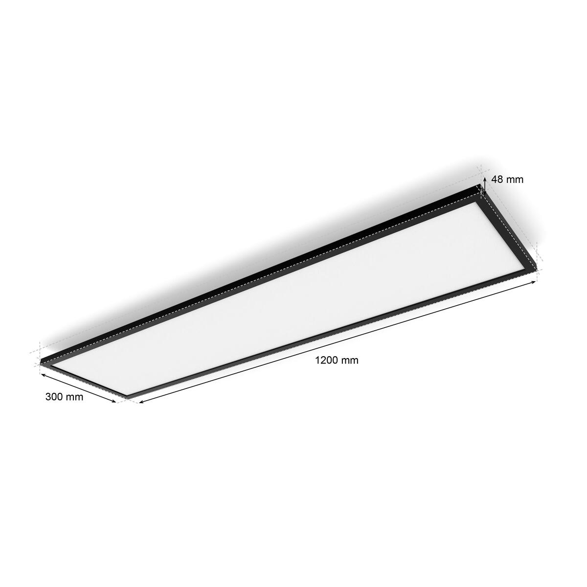 Un pannello LED rettangolare con cornice nera, sono fornite le dimensioni. Sfondo bianco.