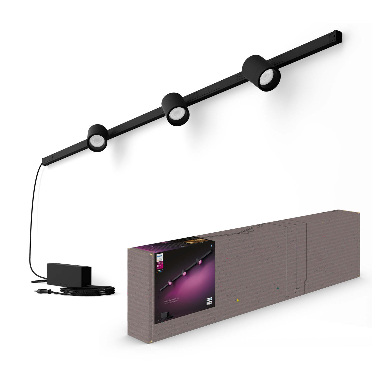 Zwarte railsverlichting met drie lampen en een voedingsbox.