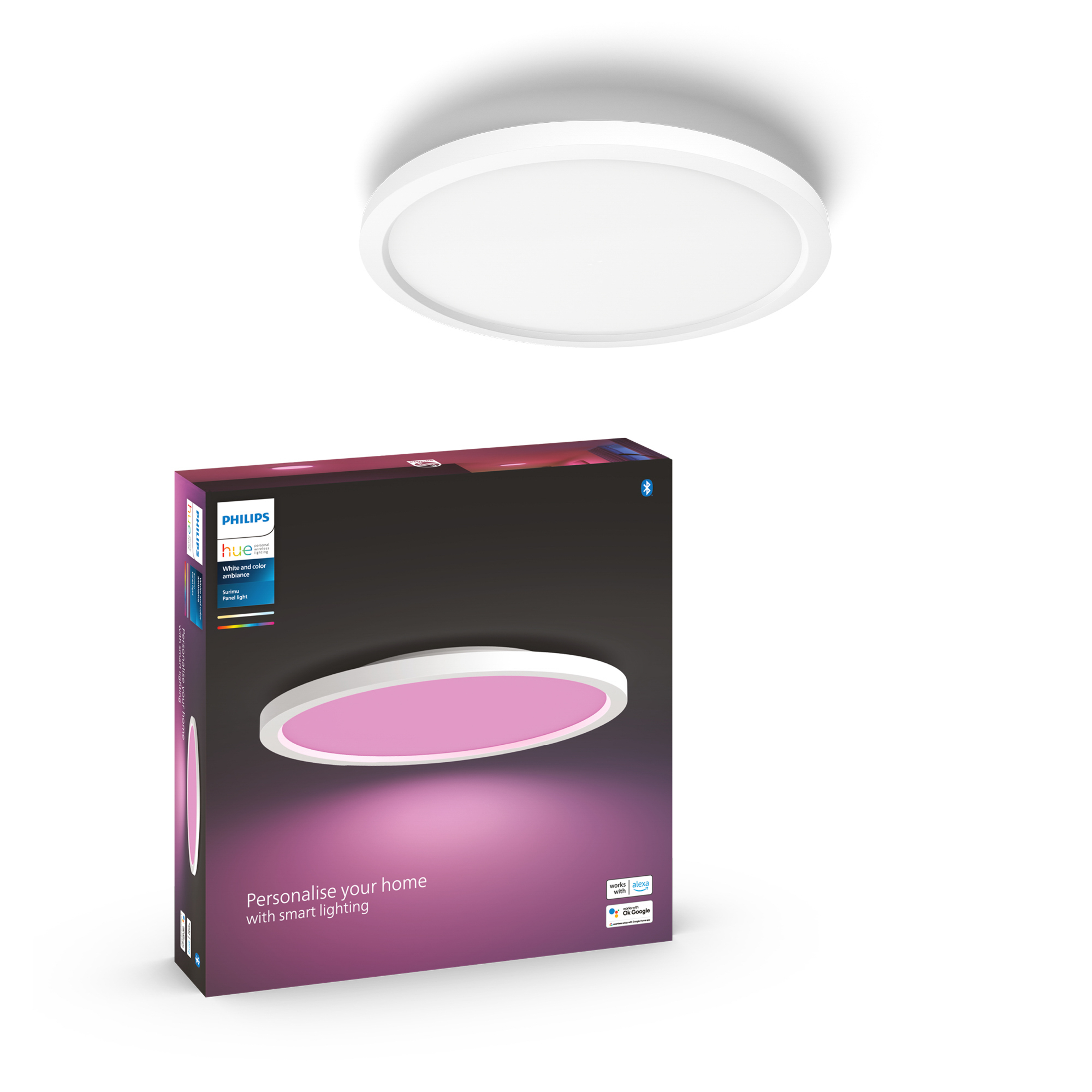 Biała okrągła inteligentna lampa sufitowa Philips Hue i jej pudełko. Pudełko ma różowy obraz światła.