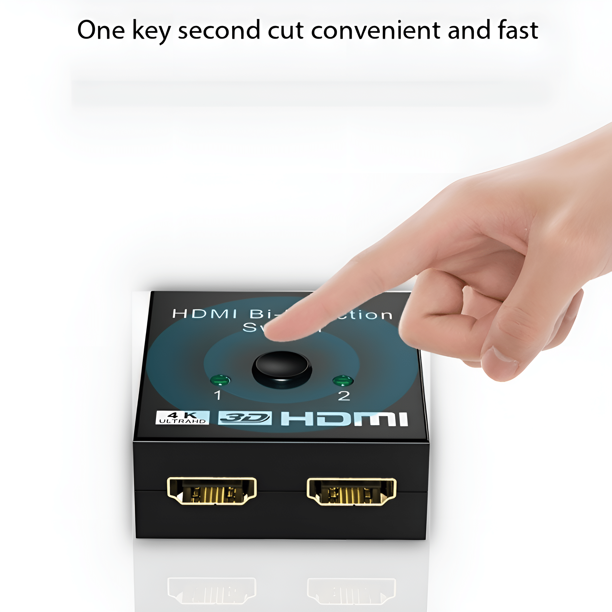 Eine Hand drückt eine Taste auf einem schwarzen HDMI-Umschalter mit zwei HDMI-Anschlüssen.