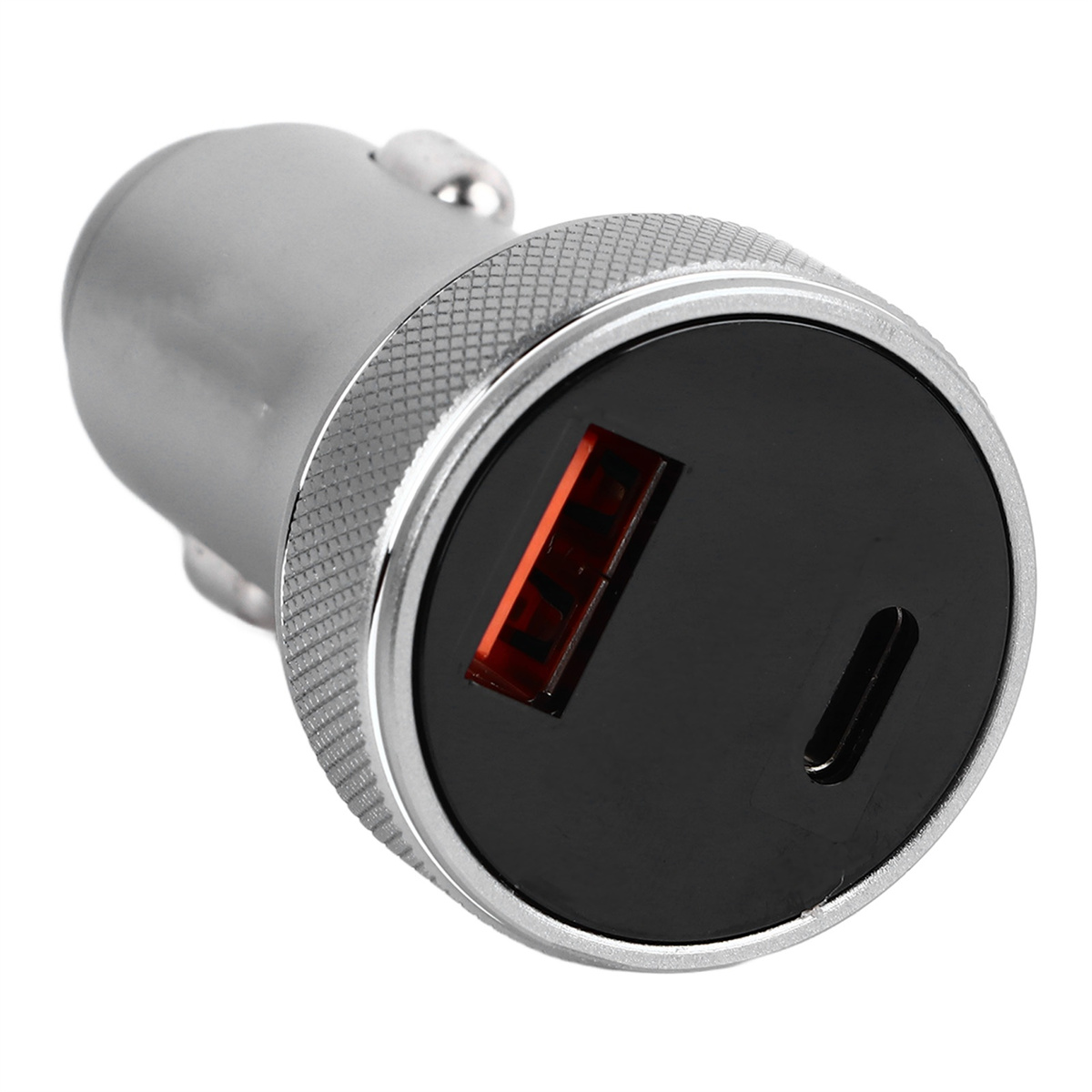 Ein silbernes Autoladegerät mit schwarzem Deckel. Es hat einen USB-Anschluss und einen USB-C-Anschluss.
