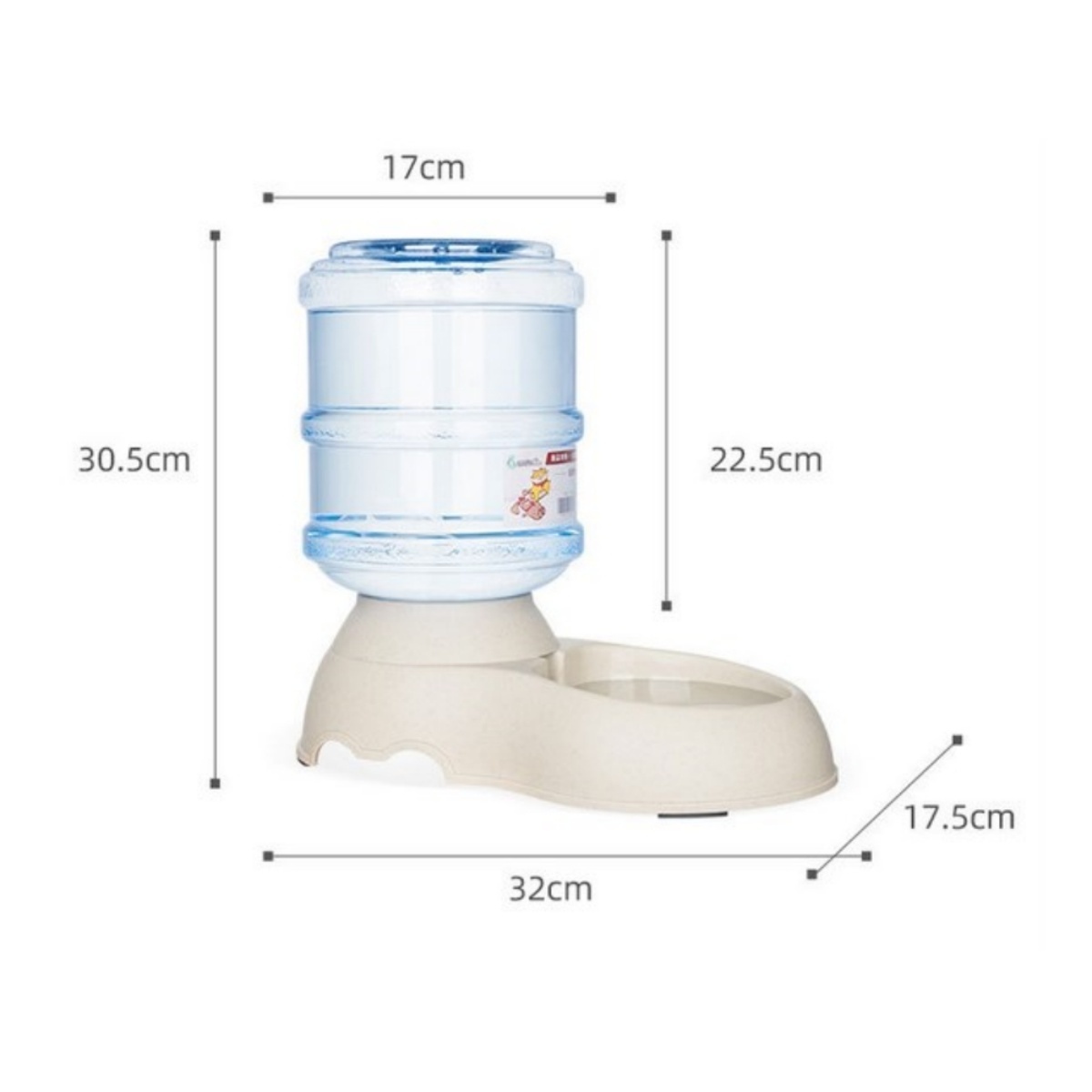 Ein weißer und beiger Haustier-Wasserspender mit angezeigten Abmessungen.