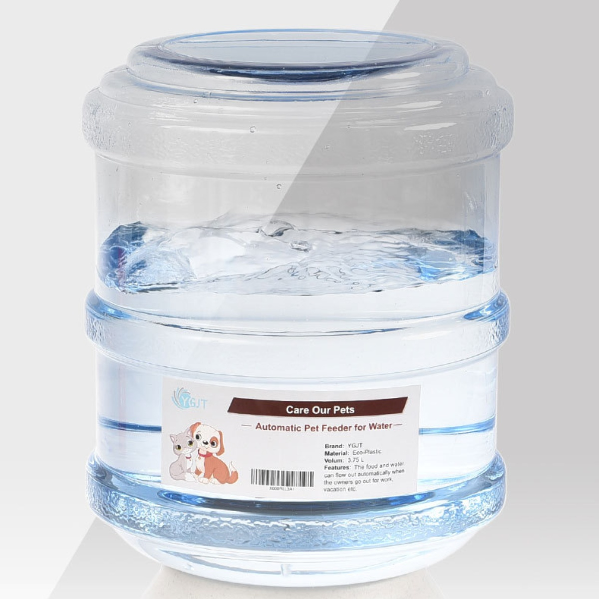 Transparenter Kunststoff-Wasserspender mit Griff und Etikett. Enthält Wasser. Auf dem Etikett steht: Care Our Pets, automatic feeder.