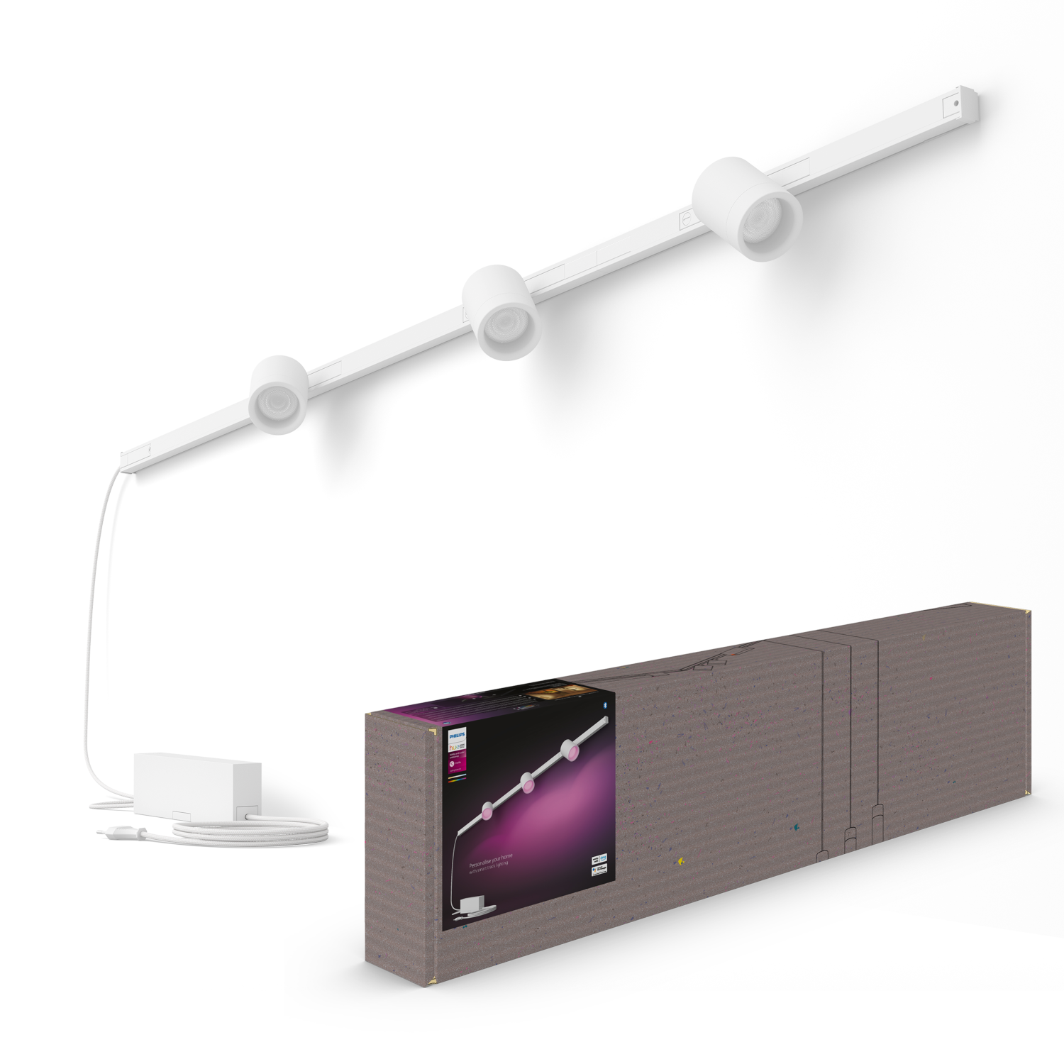 Iluminación de riel blanca con tres luces y caja de fuente de alimentación y embalaje.