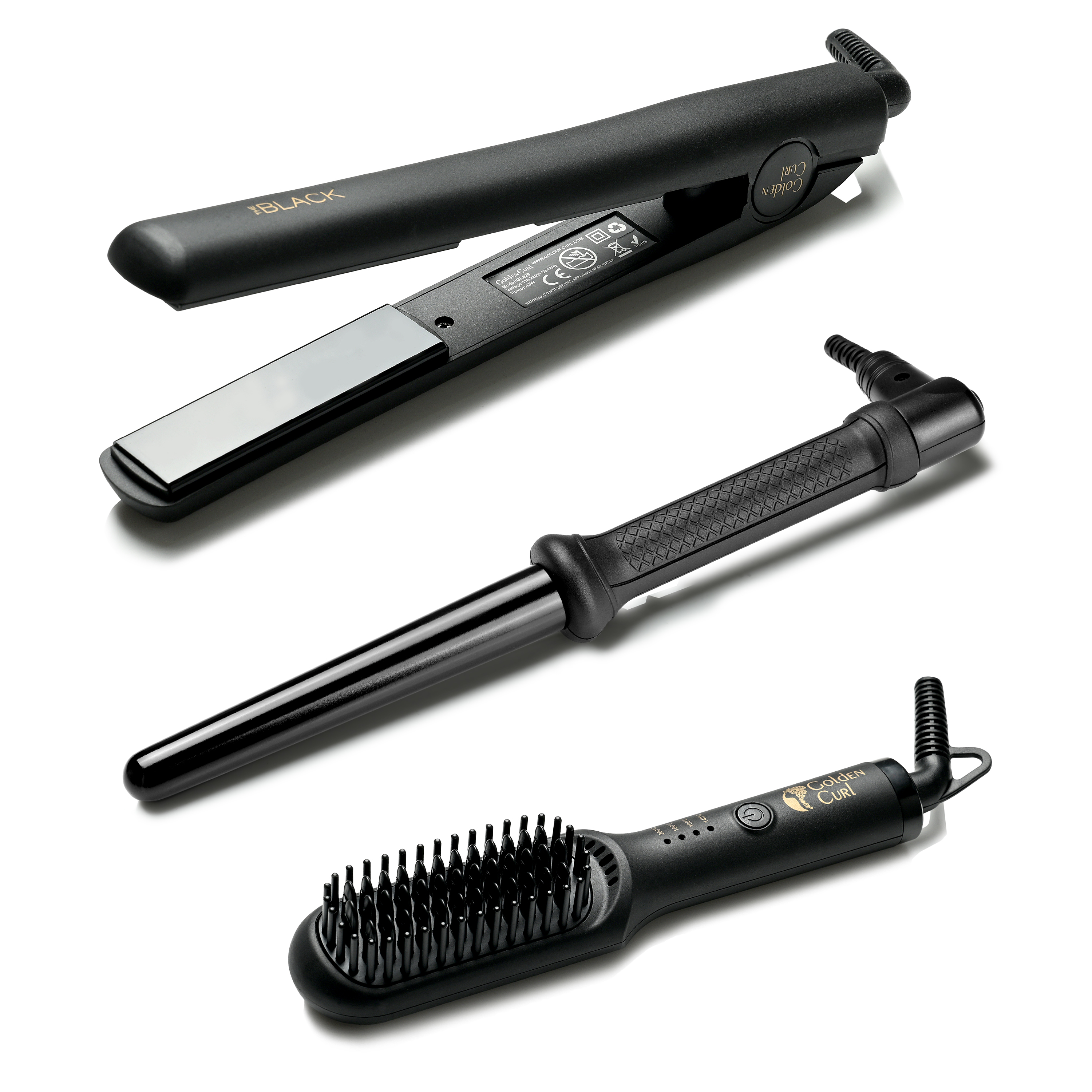 Drei schwarze Haarstyling-Werkzeuge: ein Glätteisen, ein Lockenstab und eine beheizte Bürste auf weißem Grund.