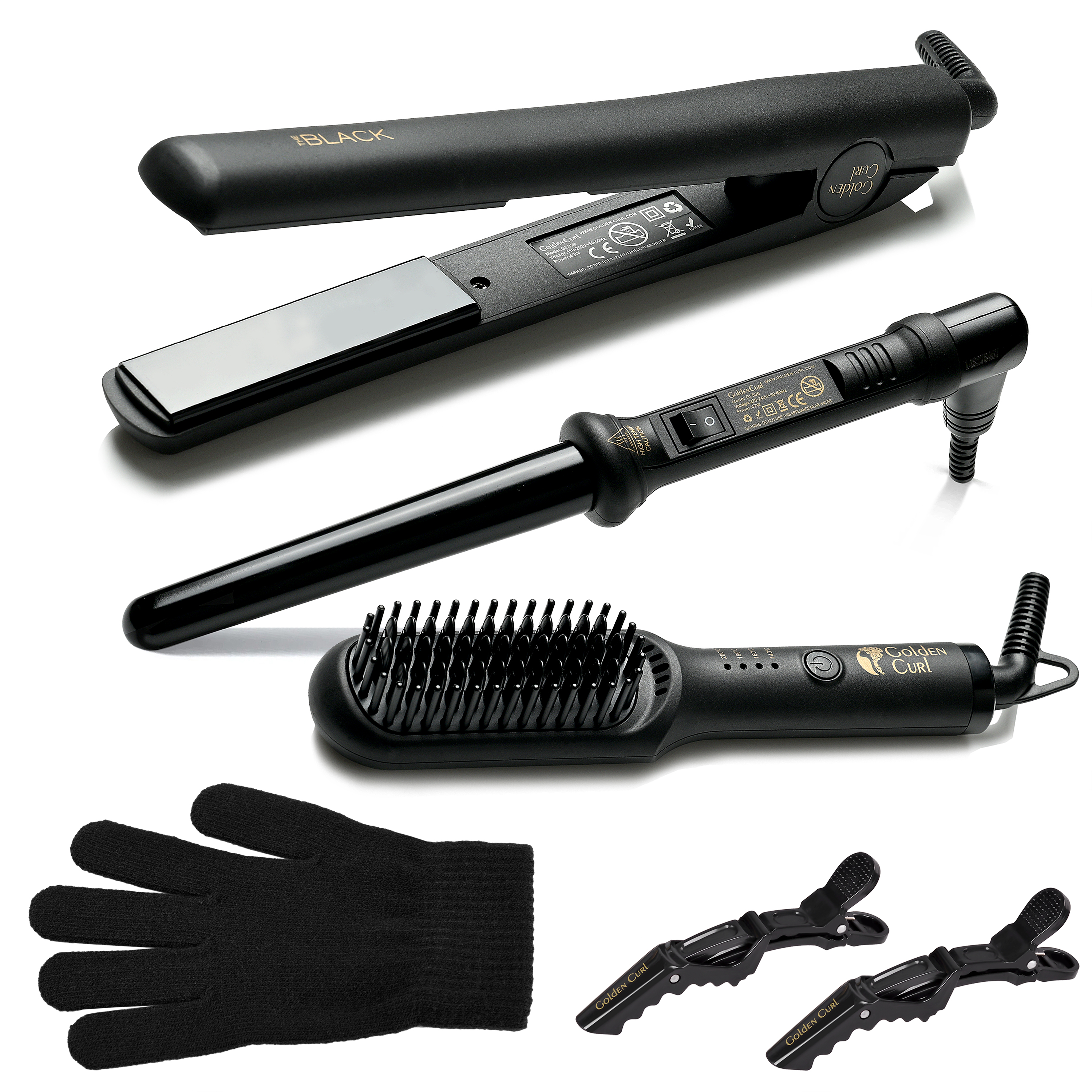 Schwarze Haarstyling-Werkzeuge, darunter ein Glätteisen, ein Lockenstab und eine Bürste.