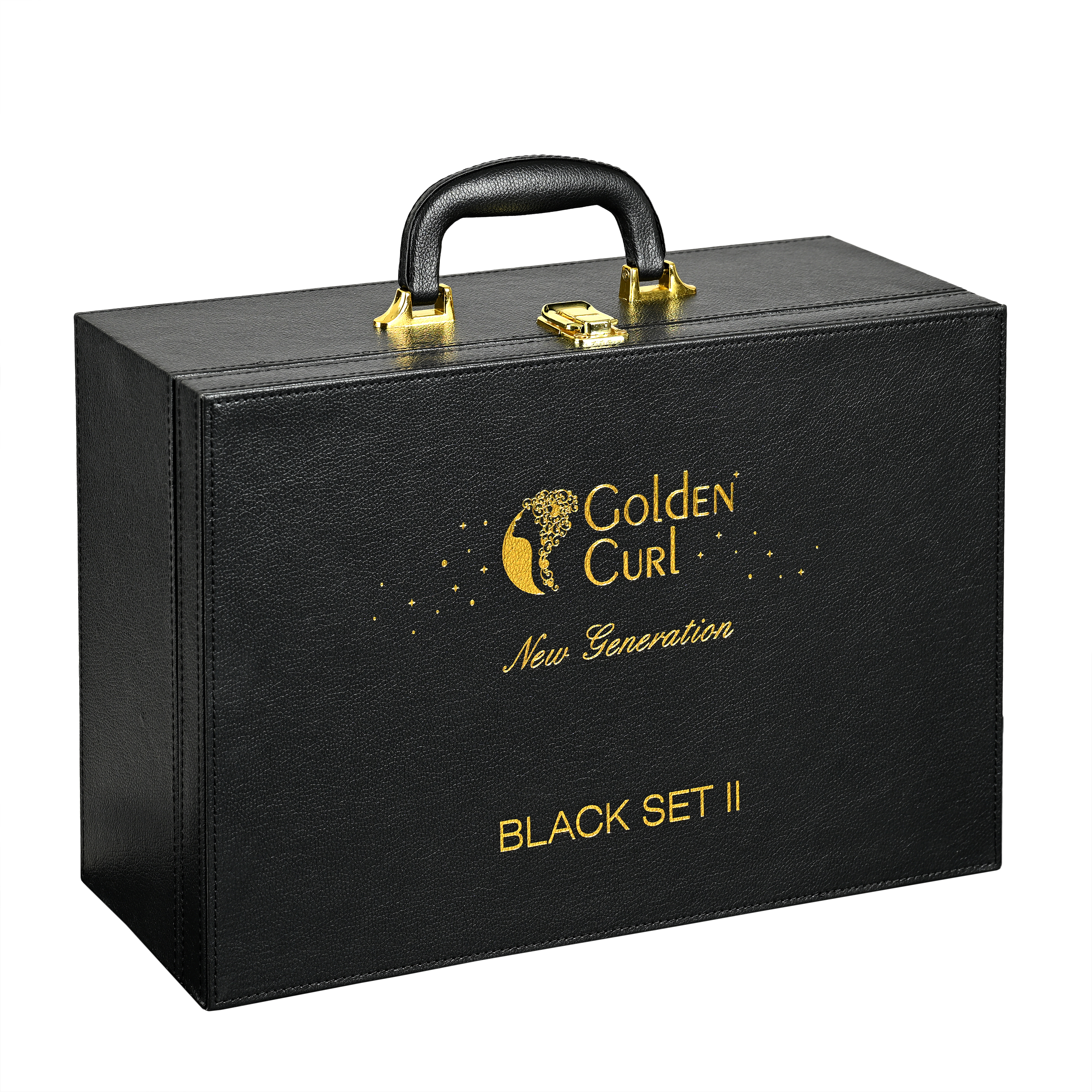 Eine schwarze Kunstledertasche mit Griff, goldenen Akzenten und Golden Curl-Branding.