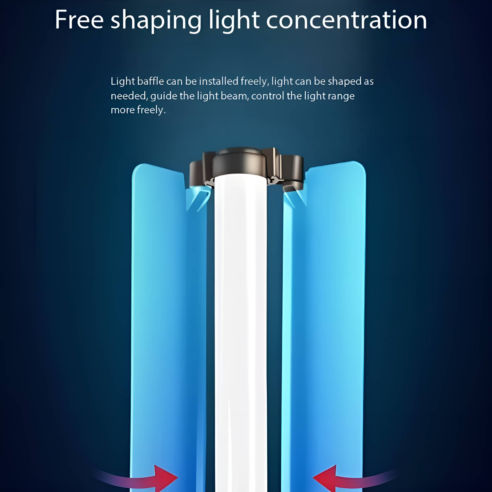 Ein Licht mit blauen Paneelen auf beiden Seiten. Der Text lautet: 'Freie Formgebung der Lichtkonzentration' und 'Lichtblende kann frei installiert werden'.