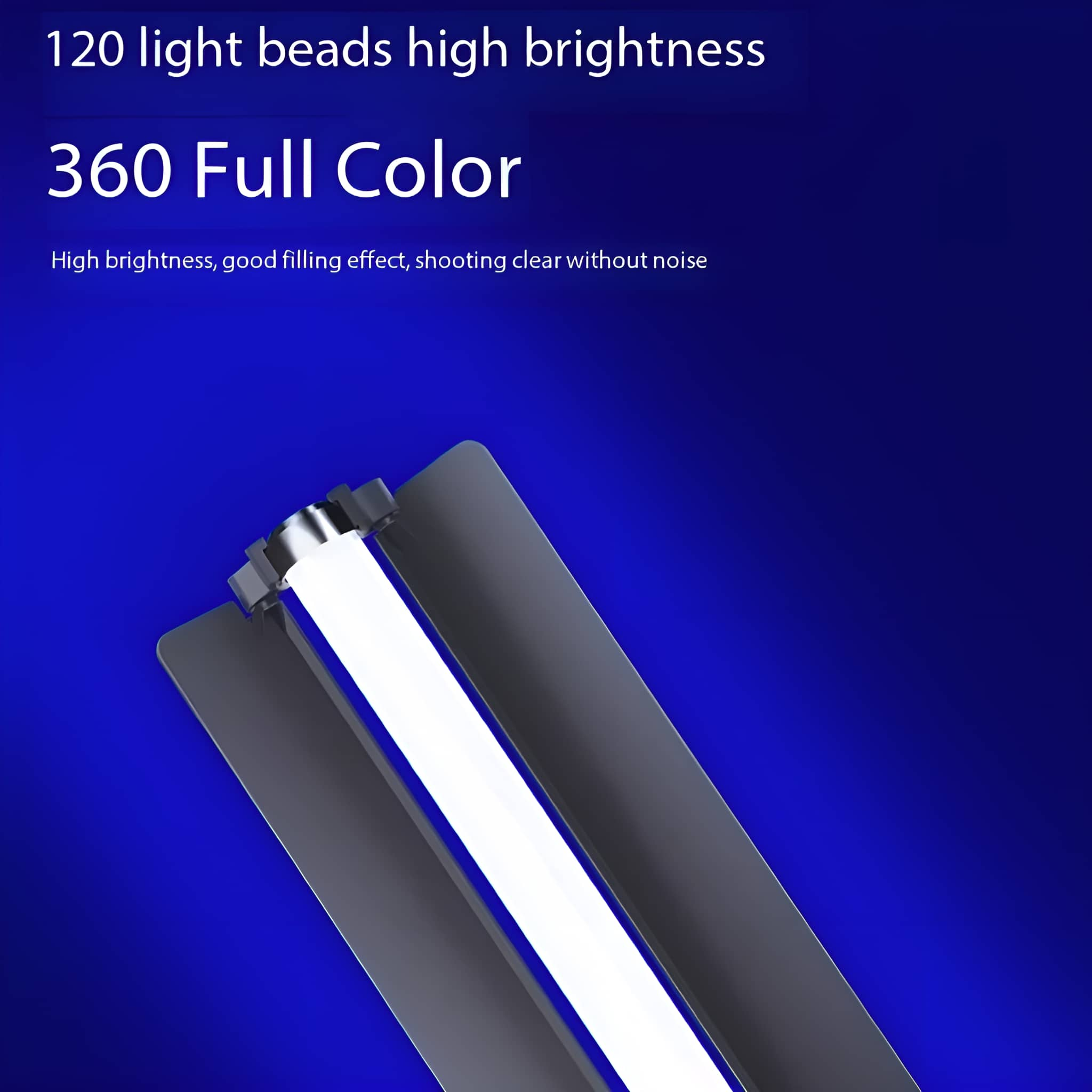 Blauer Hintergrund mit Text: 120 Lichtperlen hohe Helligkeit. 360 Vollfarbe.