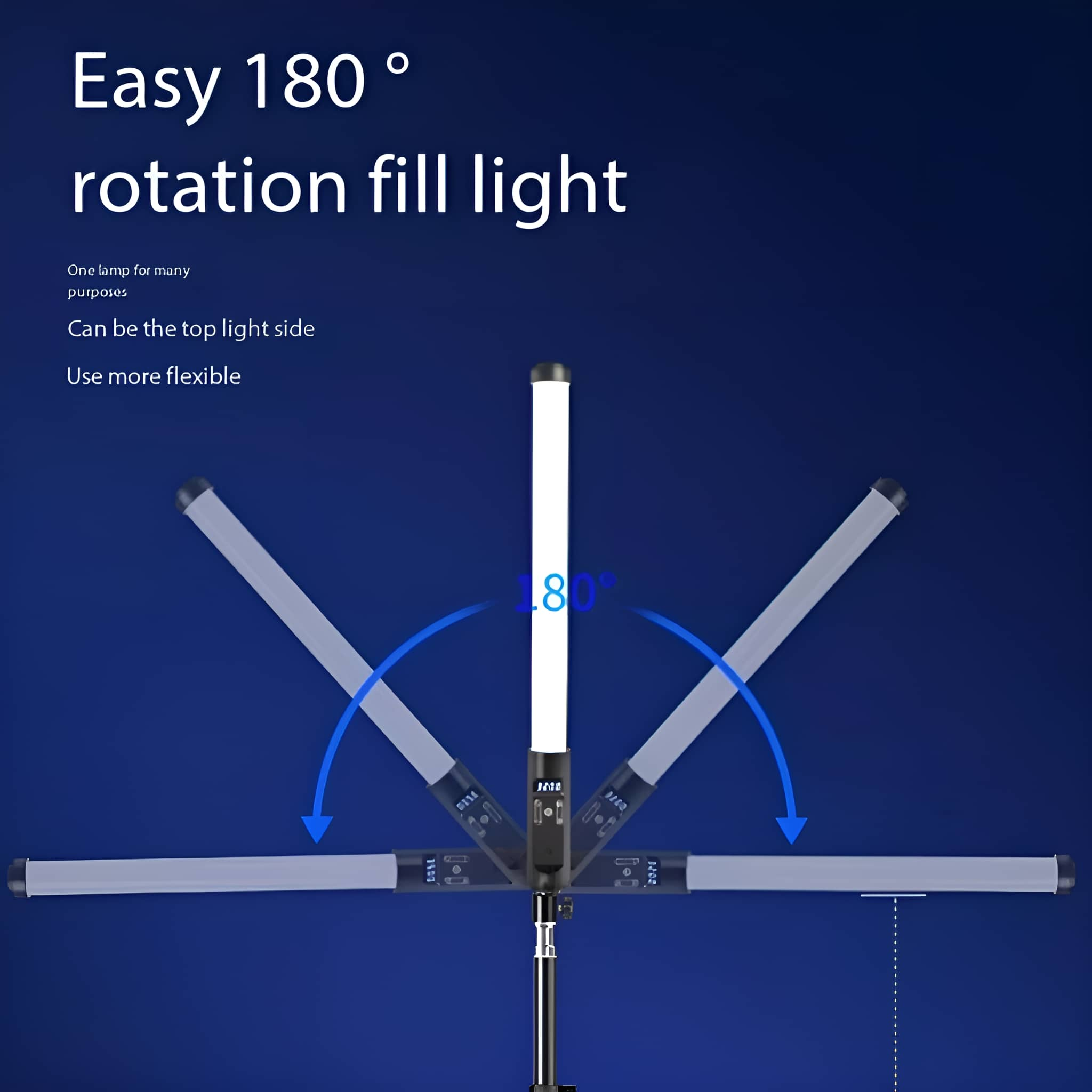 Beleuchtung mit verstellbaren Paneelen. Text: Einfaches 180° Rotationsfülllicht, eine Lampe für viele Zwecke.