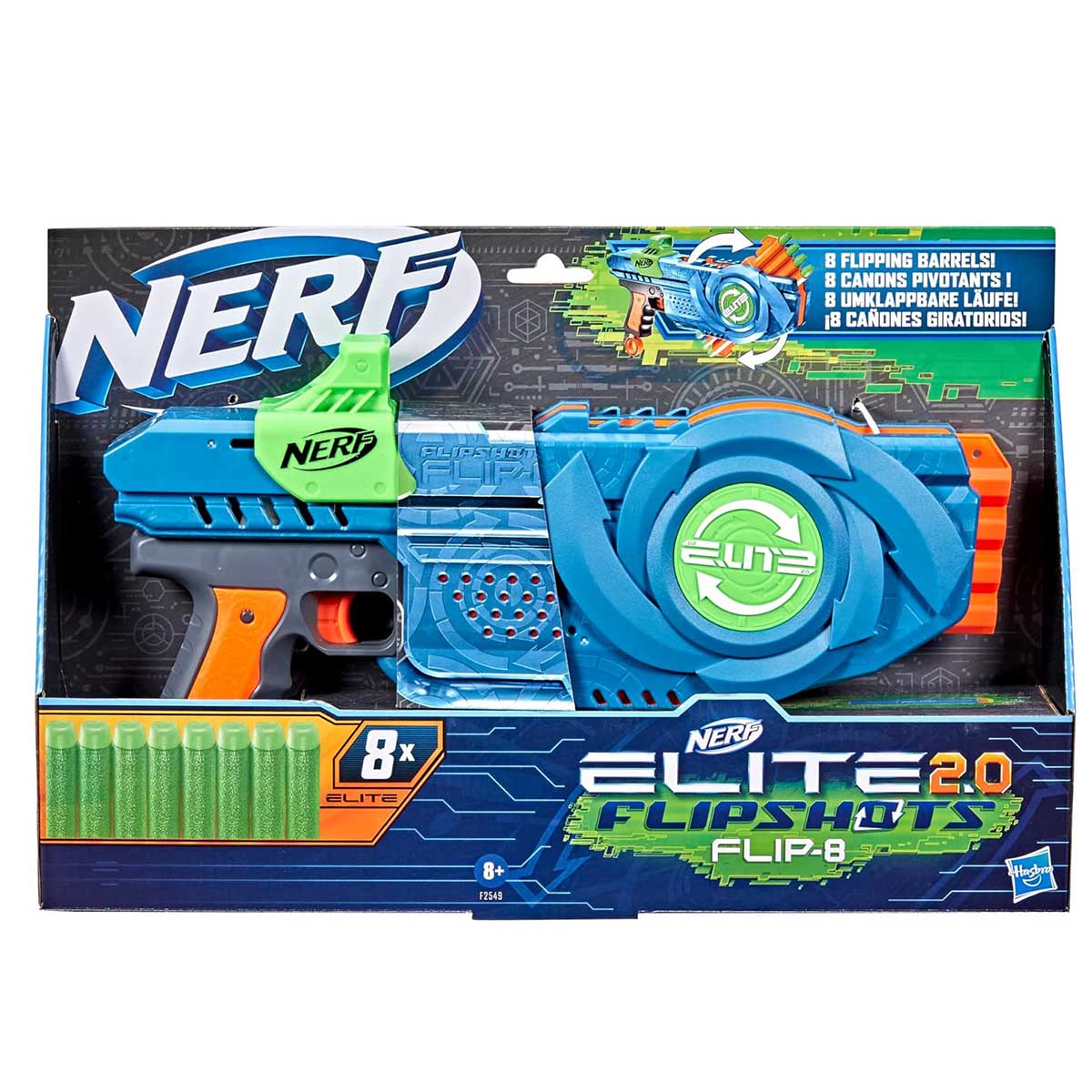 Una pistola Nerf in una scatola. La pistola è blu e verde. Ci sono dardi e istruzioni sulla confezione.