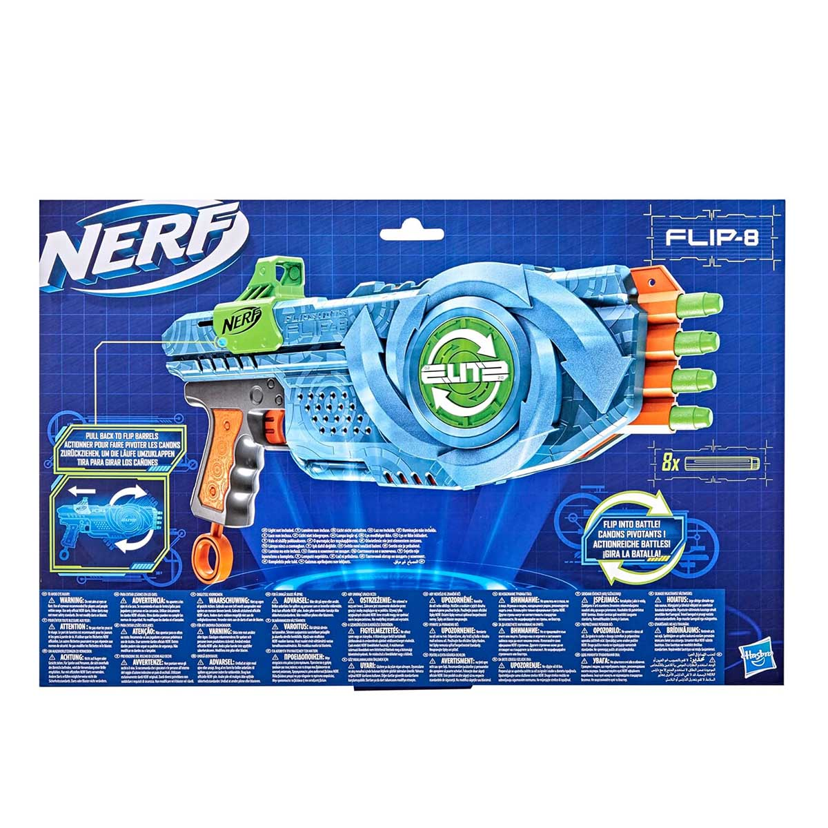 Pistola giocattolo Nerf, blu e verde, con testo e informazioni sulla confezione.