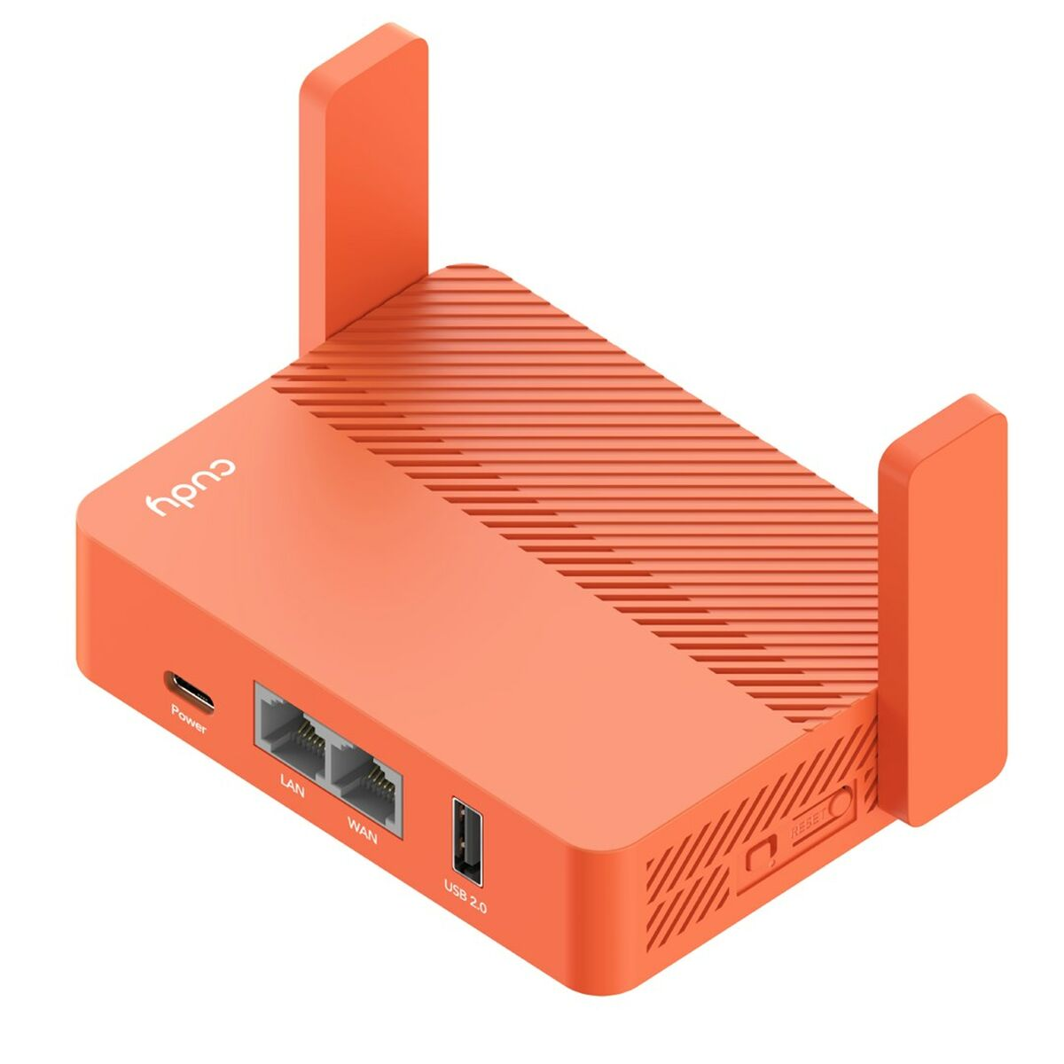 Router arancione. Ha porte LAN, WAN e USB. Sono visibili due antenne.