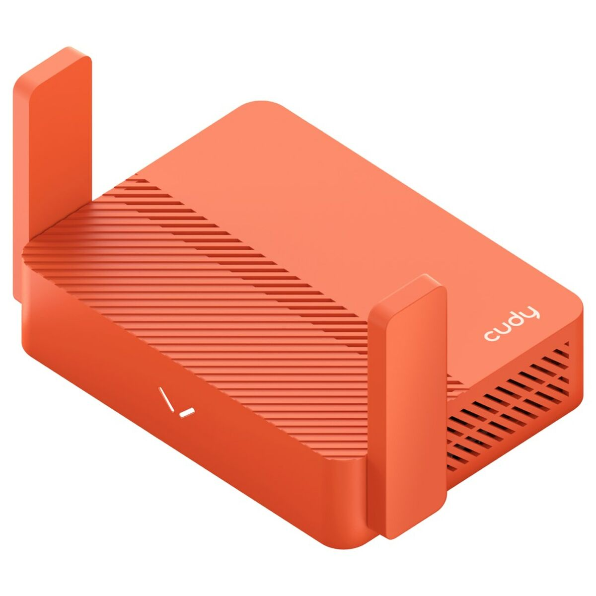 Router arancione con due antenne. Ha la parte superiore scanalata e un piccolo logo bianco.