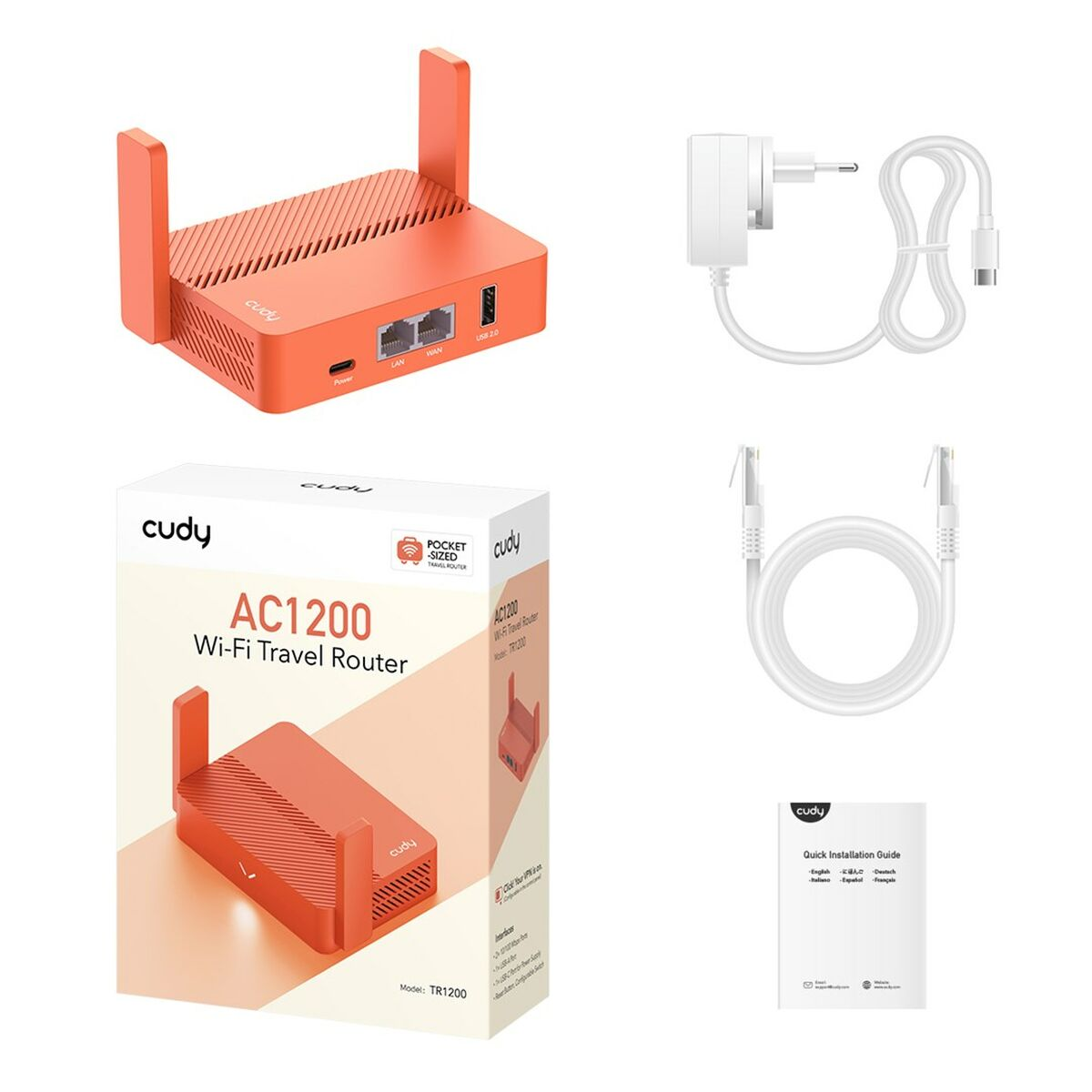 Router Wi-Fi arancione con scatola, adattatore di alimentazione e due cavi di rete su bianco.