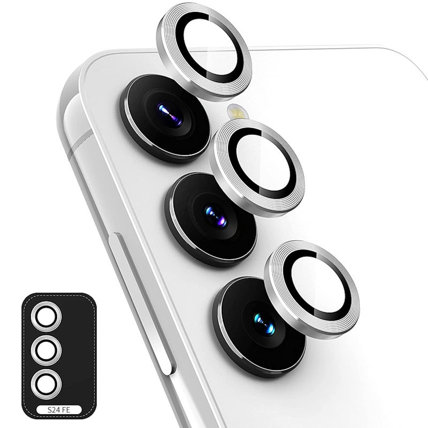 Protezioni per lenti della fotocamera e un telefono su sfondo bianco.