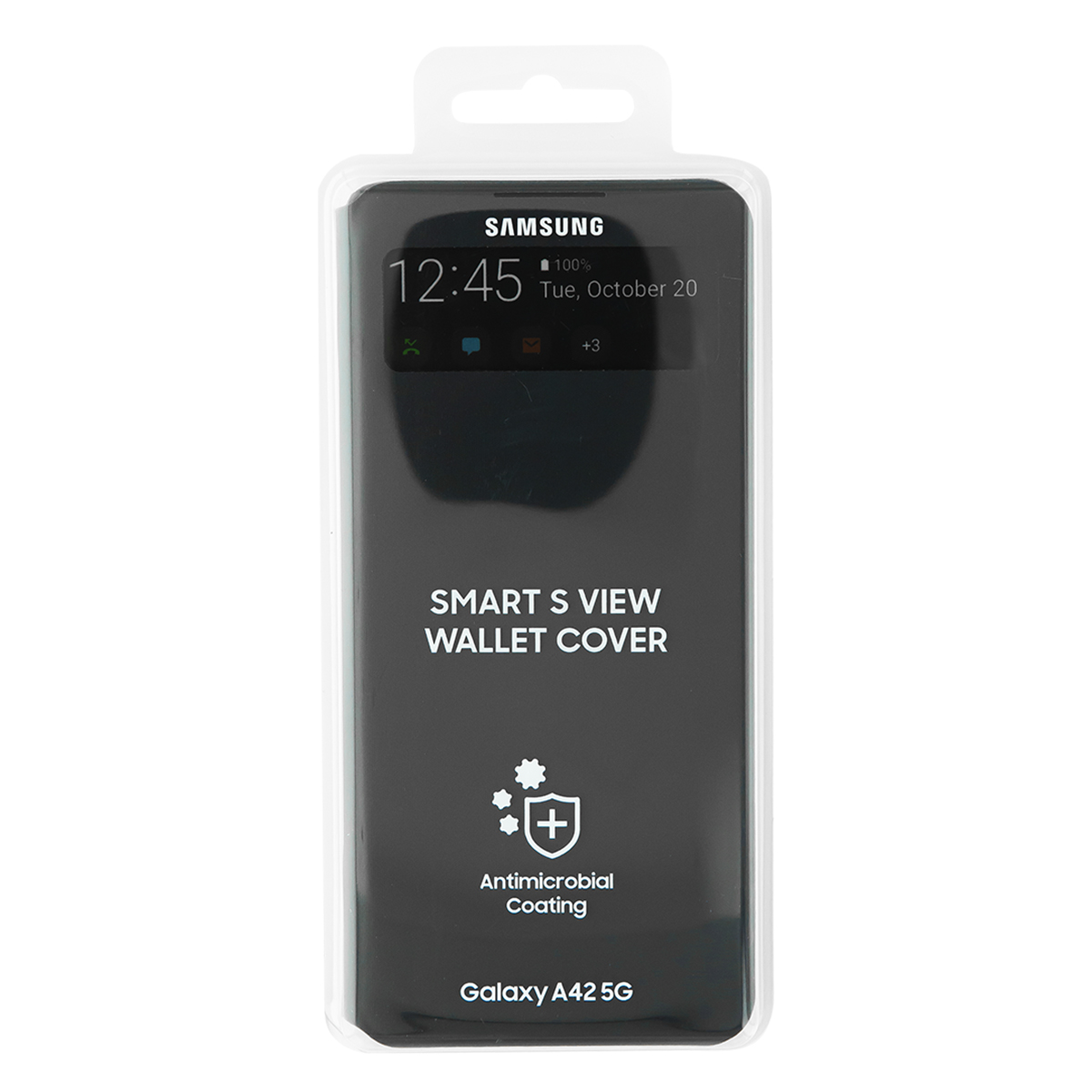Schwarze Handyhülle in Verpackung. Zeigt einen Telefonbildschirm mit Datum und Uhrzeit sowie eine antimikrobielle Beschichtung.