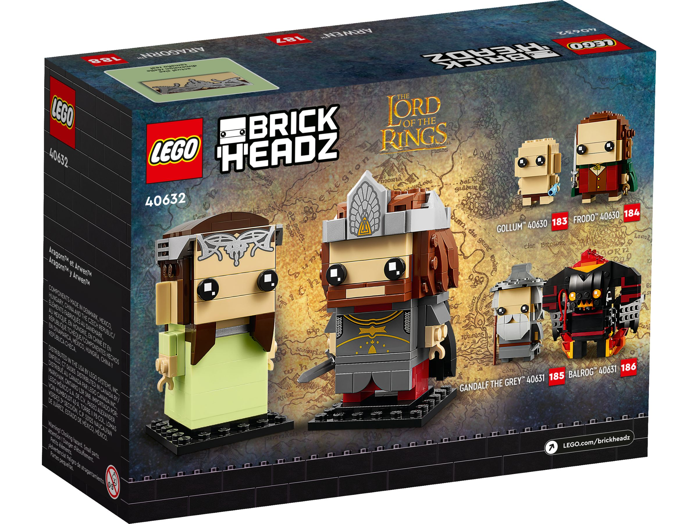 Rückseite einer Lego BrickHeadz-Box. Enthält Aragorn, Arwen, Frodo, Gandalf, Gollum und Balrog-Charaktere.