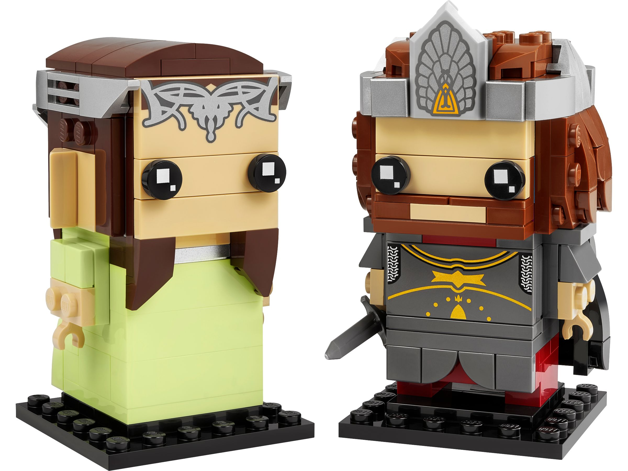 Lego-Figuren von zwei Charakteren, einer in Grün, einer in Rüstung, beide mit quadratischen Köpfen.