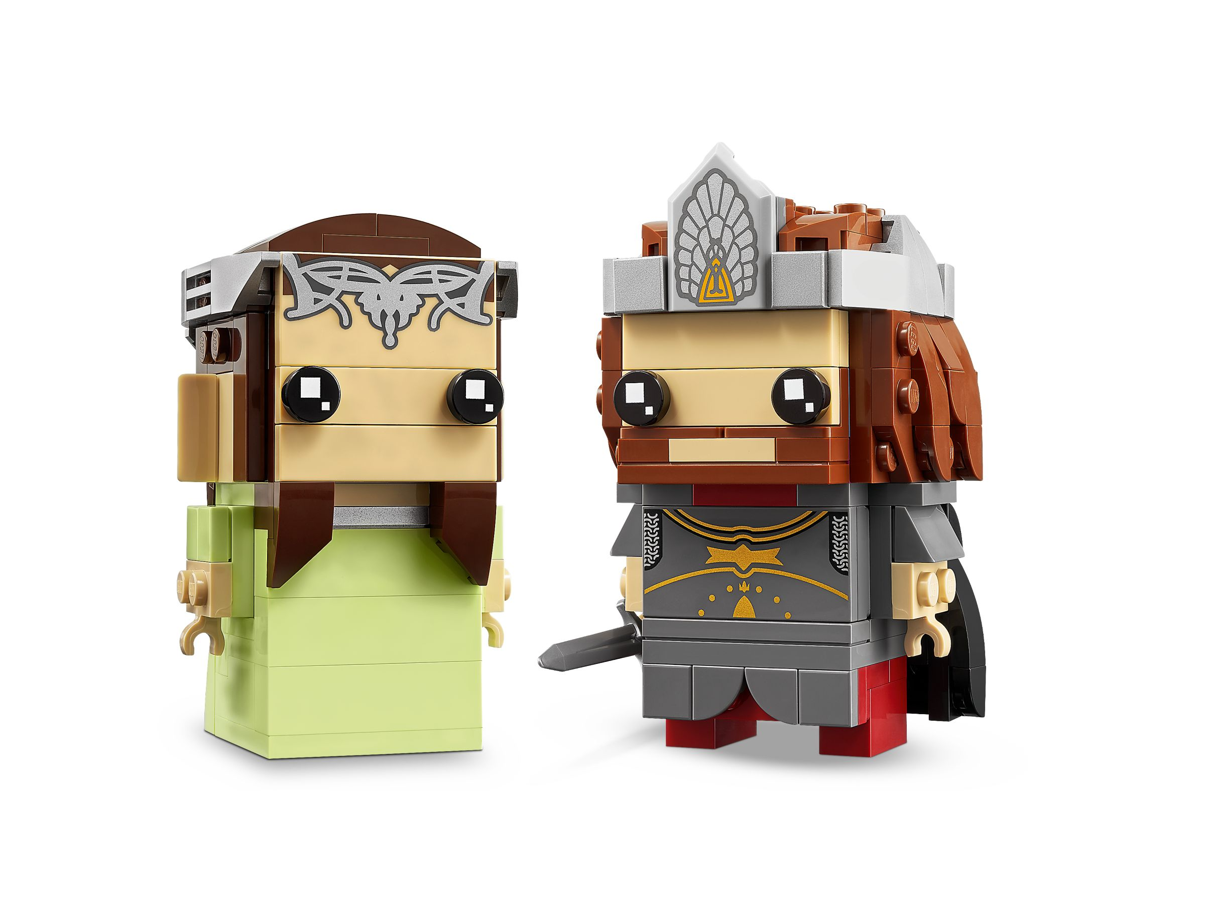 Zwei Lego-Figuren von Charakteren aus Herr der Ringe, im blockartigen Lego-Stil.