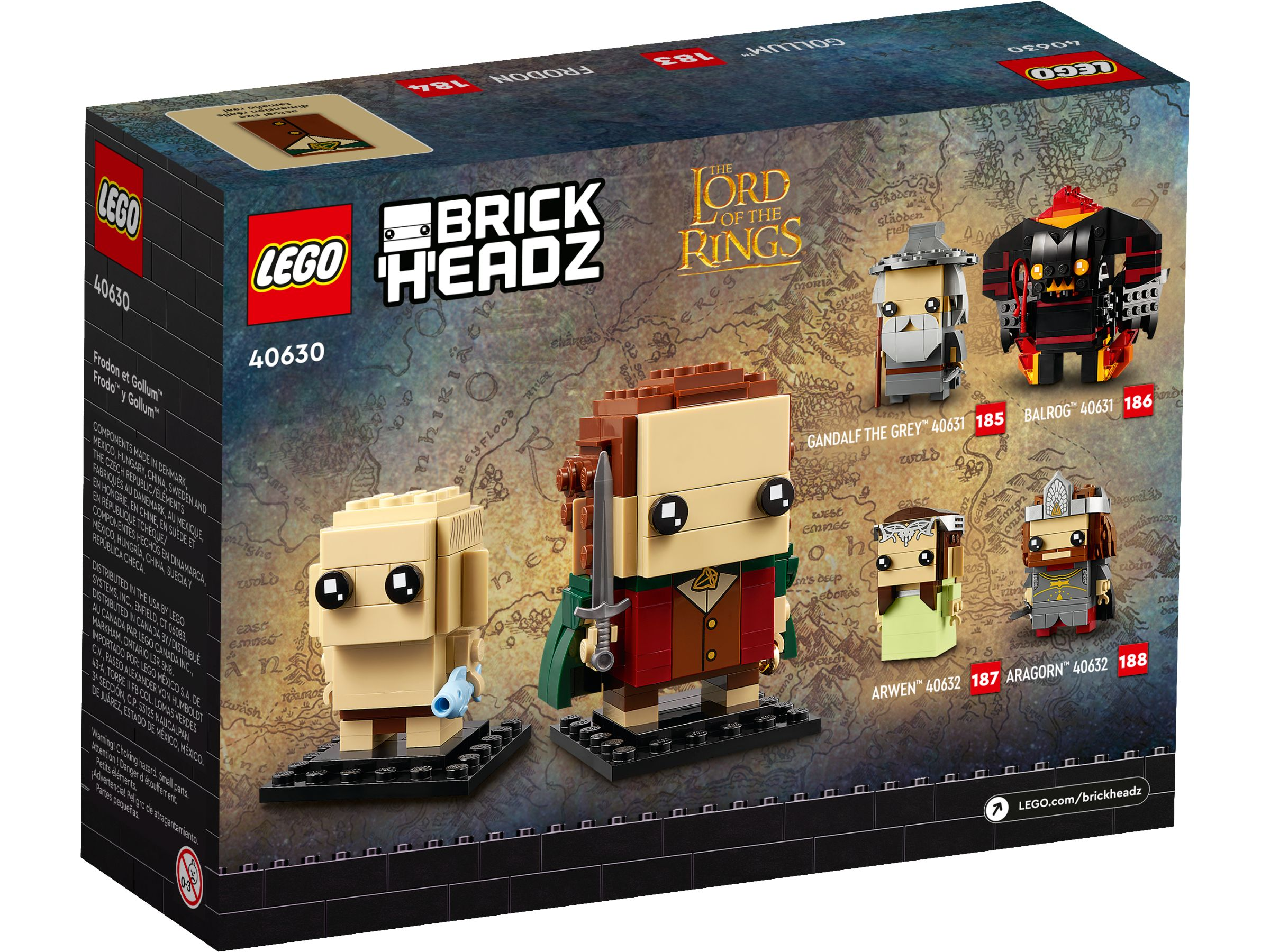 Pudełko zestawu LEGO BrickHeadz Władca Pierścieni. Frodo & Gollum, Gandalf, Balrog, Arwena i Aragorn.