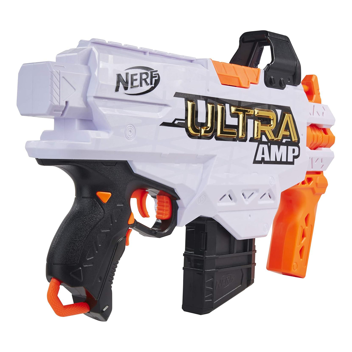 Una pistola blaster Nerf Ultra Amp bianca e arancione.