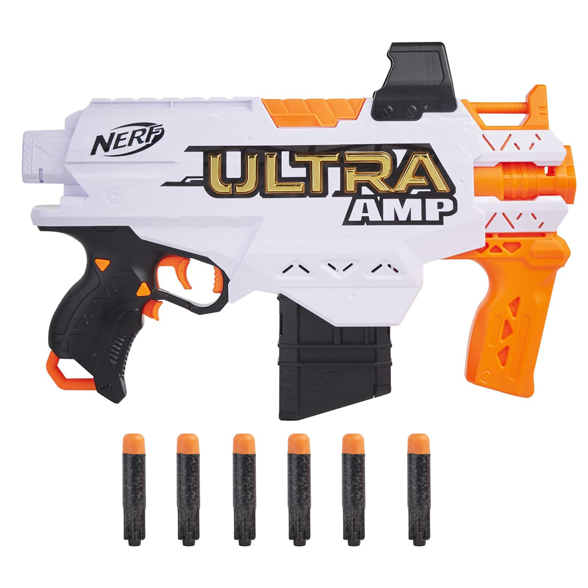 Blaster Nerf Ultra AMP bianco e arancione. Sei dardi arancioni in basso.