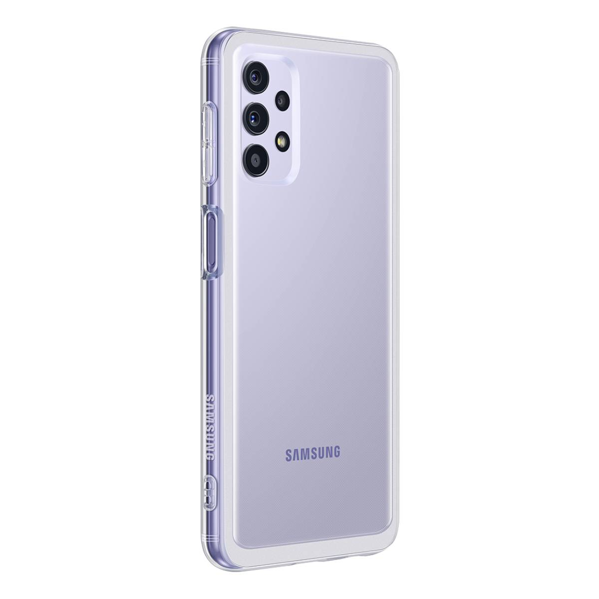 Eine transparente Handyhülle, die ein lila Samsung-Telefon schützt, auf weißem Hintergrund.