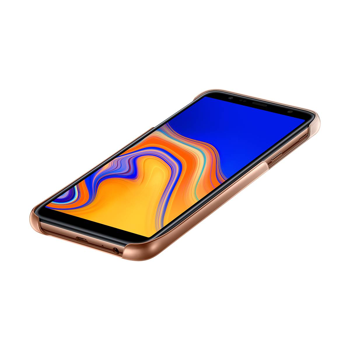 Smartphone in una custodia oro rosa, che mostra un design astratto colorato.