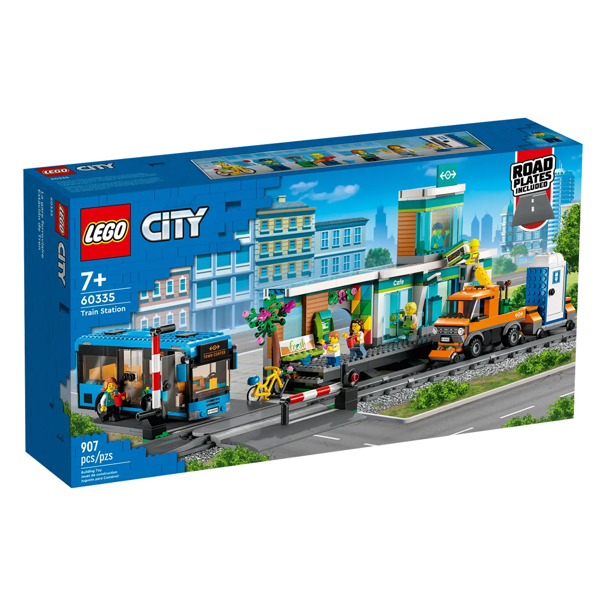 Pudełko Lego City Train Station, pokazujące pociąg, autobus i ludzi w kawiarni.
