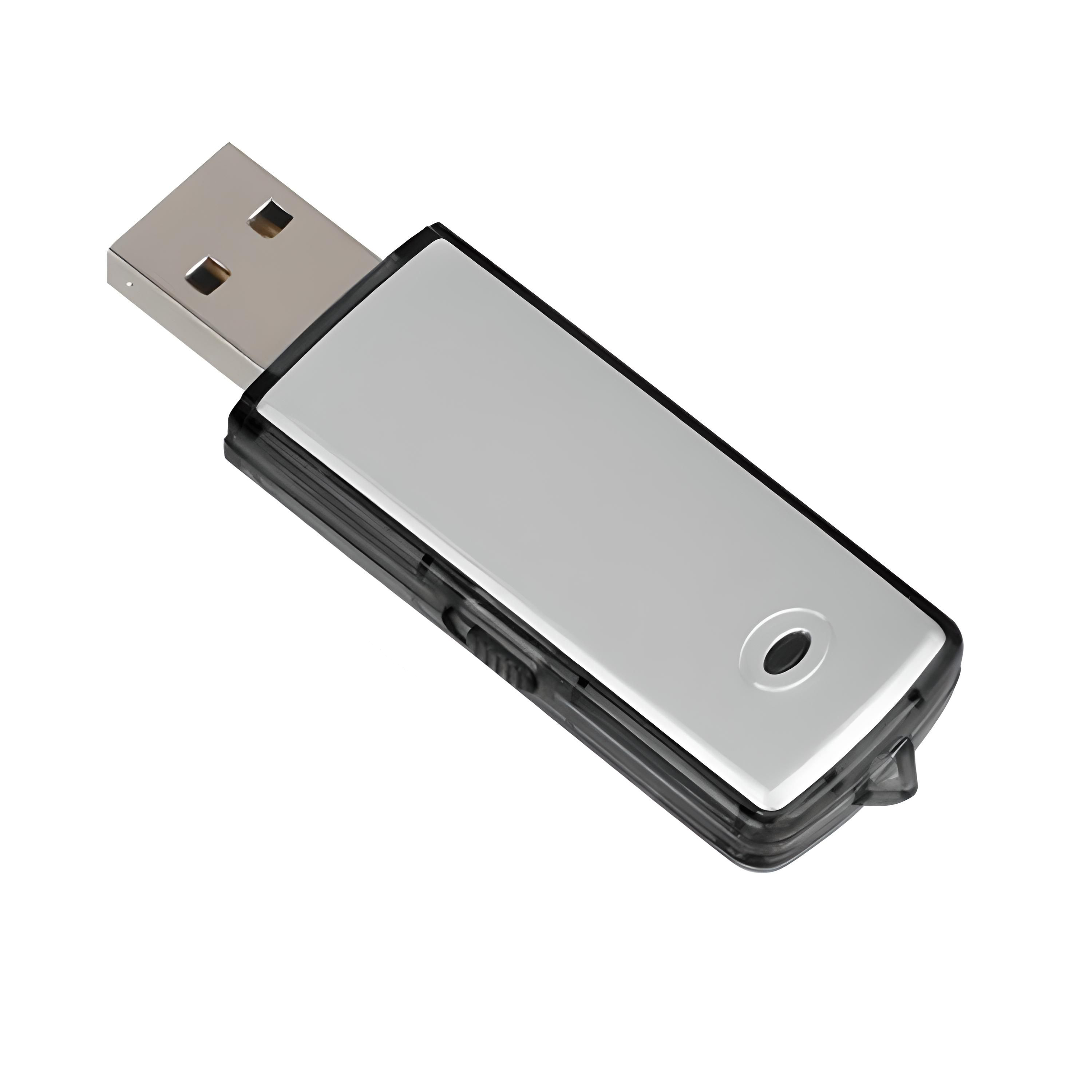 Ein silberner und schwarzer USB-Stick auf weißem Hintergrund. Angesicht.
