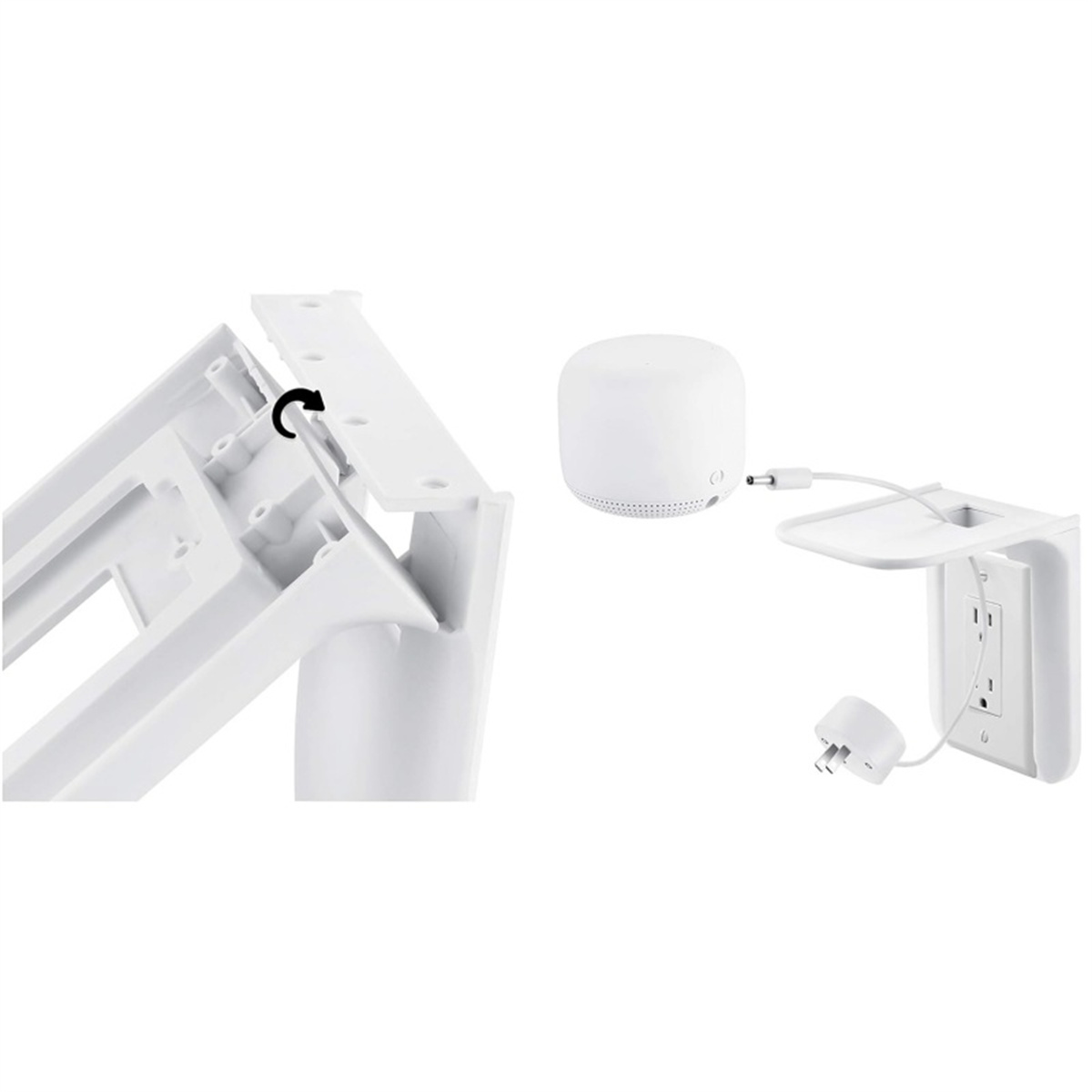 Weiße Wandhalterung mit weißem Lautsprecher und Stecker. Eine weiße Wandhalterung.