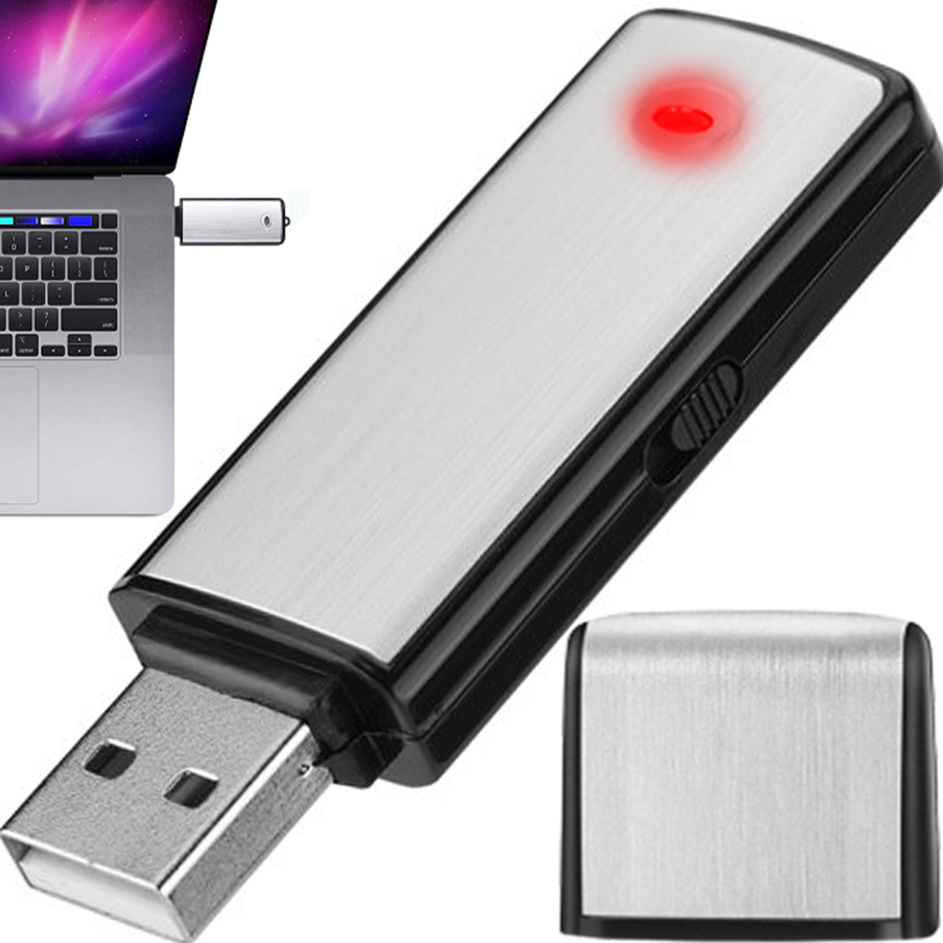 USB-Laufwerk an Laptop angeschlossen. Laufwerk silber und schwarz, mit rotem Licht. Laptop links.