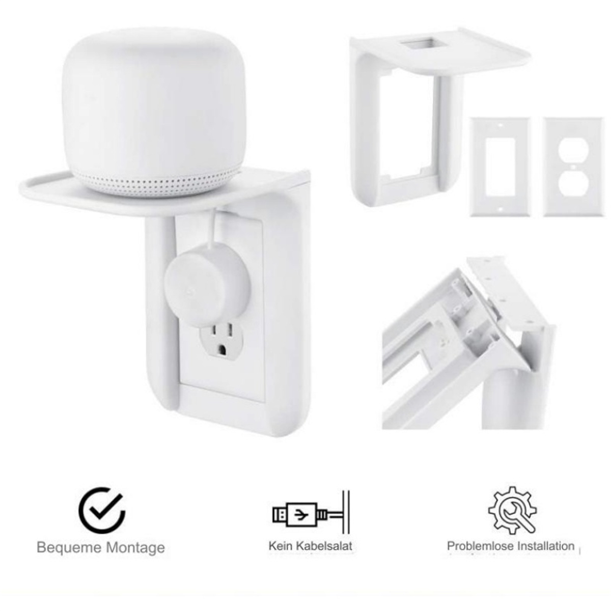 Weiße Wandhalterung für einen Router mit Stecker und Ablage. Verschiedene Komponenten werden gezeigt.