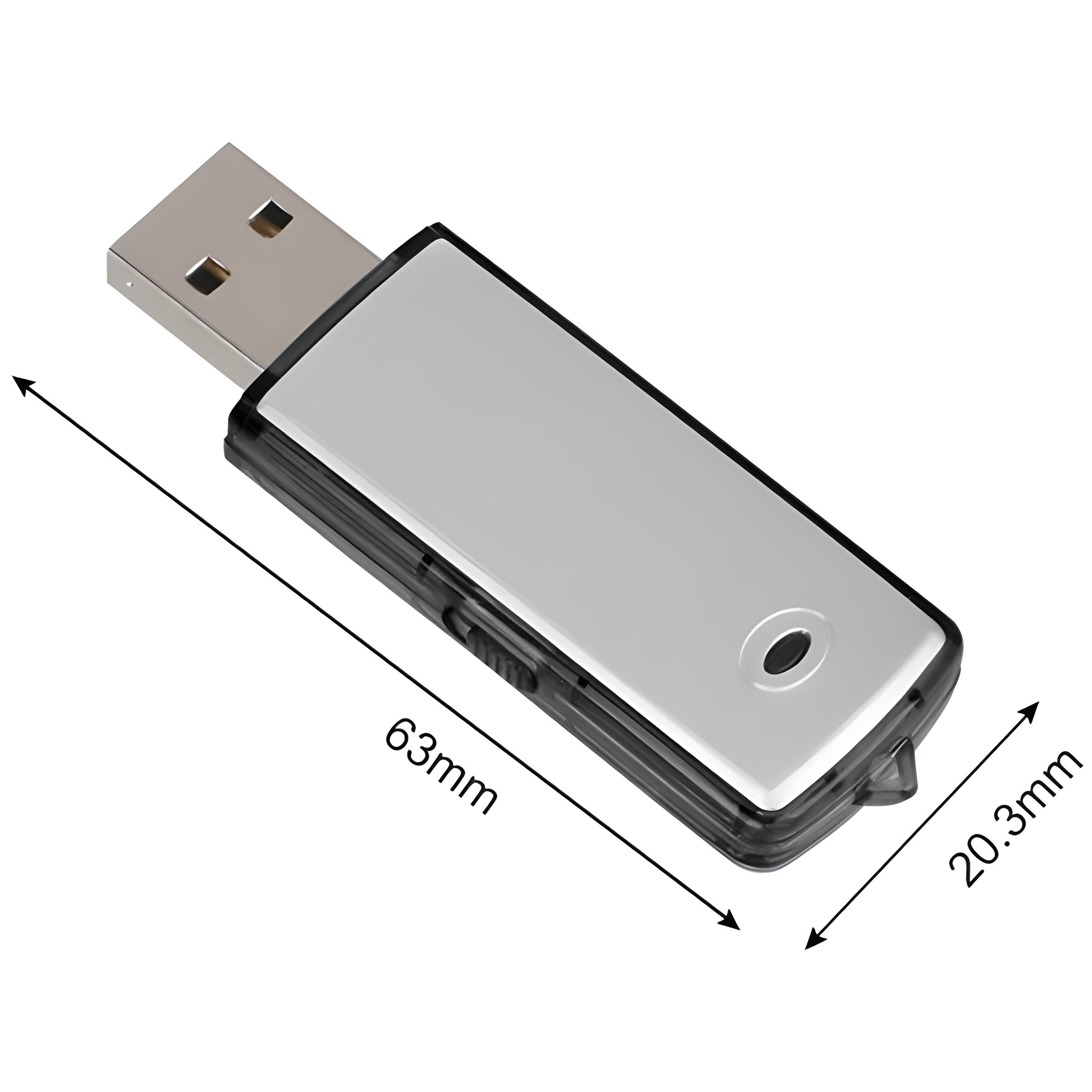 Silberner USB-Stick mit schwarzem Rand, und Abmessungen durch Pfeile angezeigt.