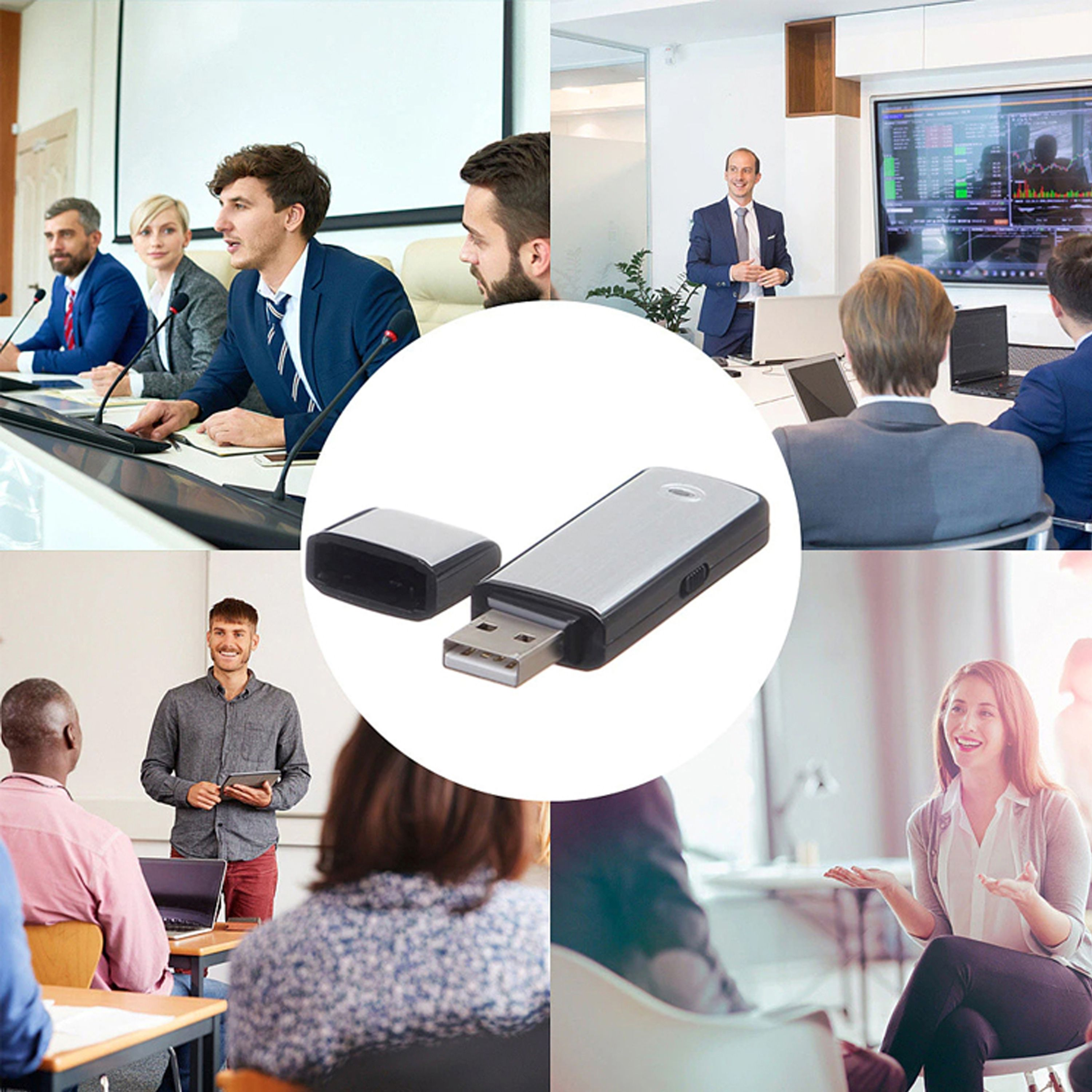 USB-Laufwerk mit mehreren Personen in einer Konferenz, Präsentationen und Diskussionen im Hintergrund.