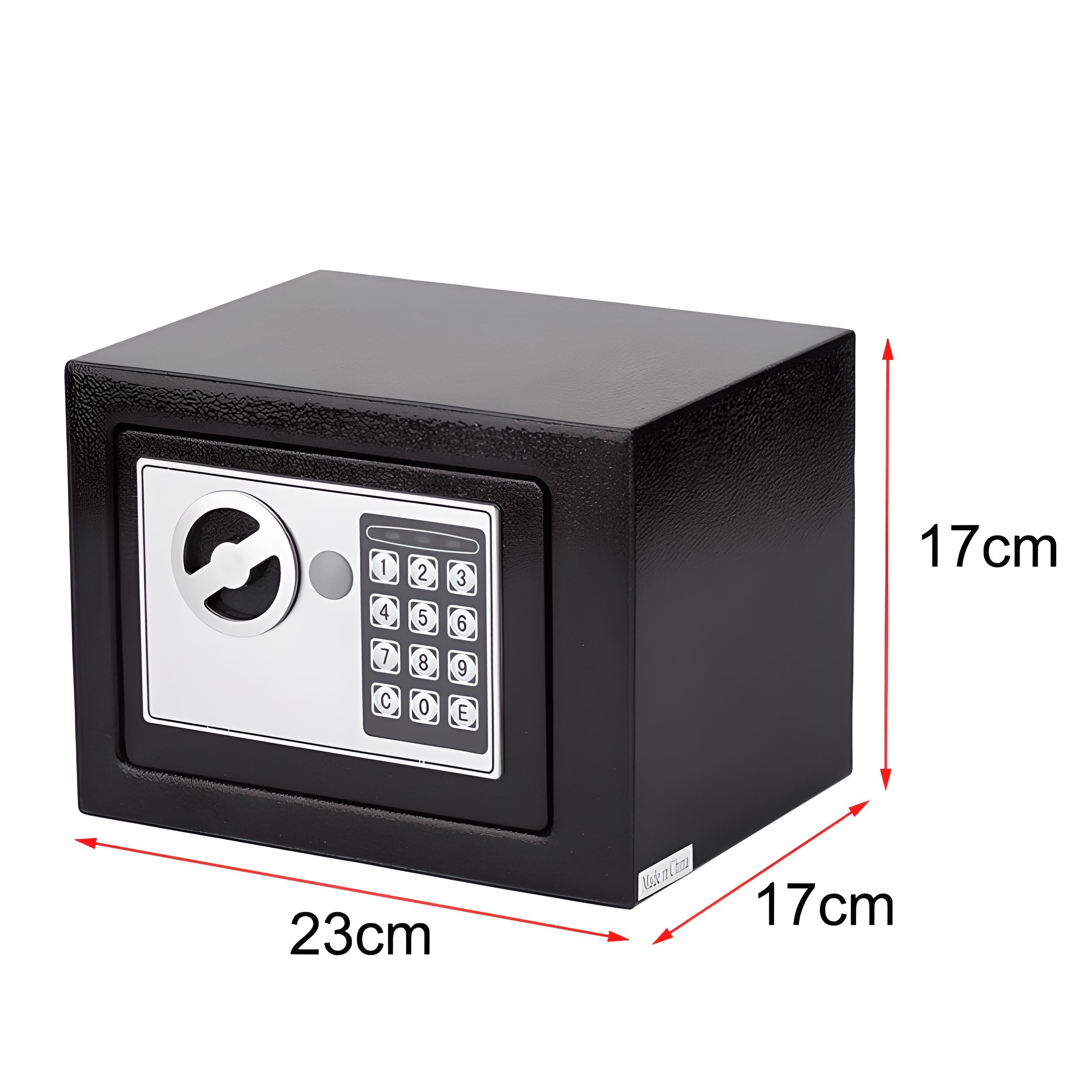 Schwarzer Safe mit digitalem Tastenfeld, Abmessungen 23x17x17cm. Silberne Tastatur und Türgriff.